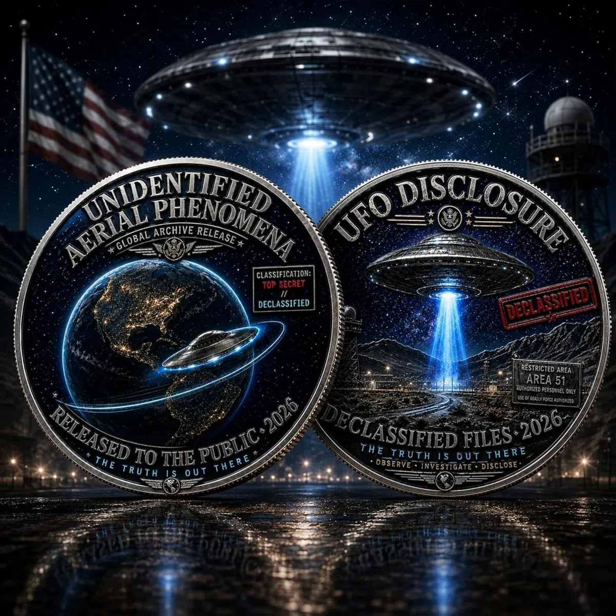 Moneta commemorativa UFO Disclosure 2026, moneta sfida a doppia faccia UFO Files, gettone da collezione Area 51 Declassified Files, appassionati di alieni e fantascienza (01#)