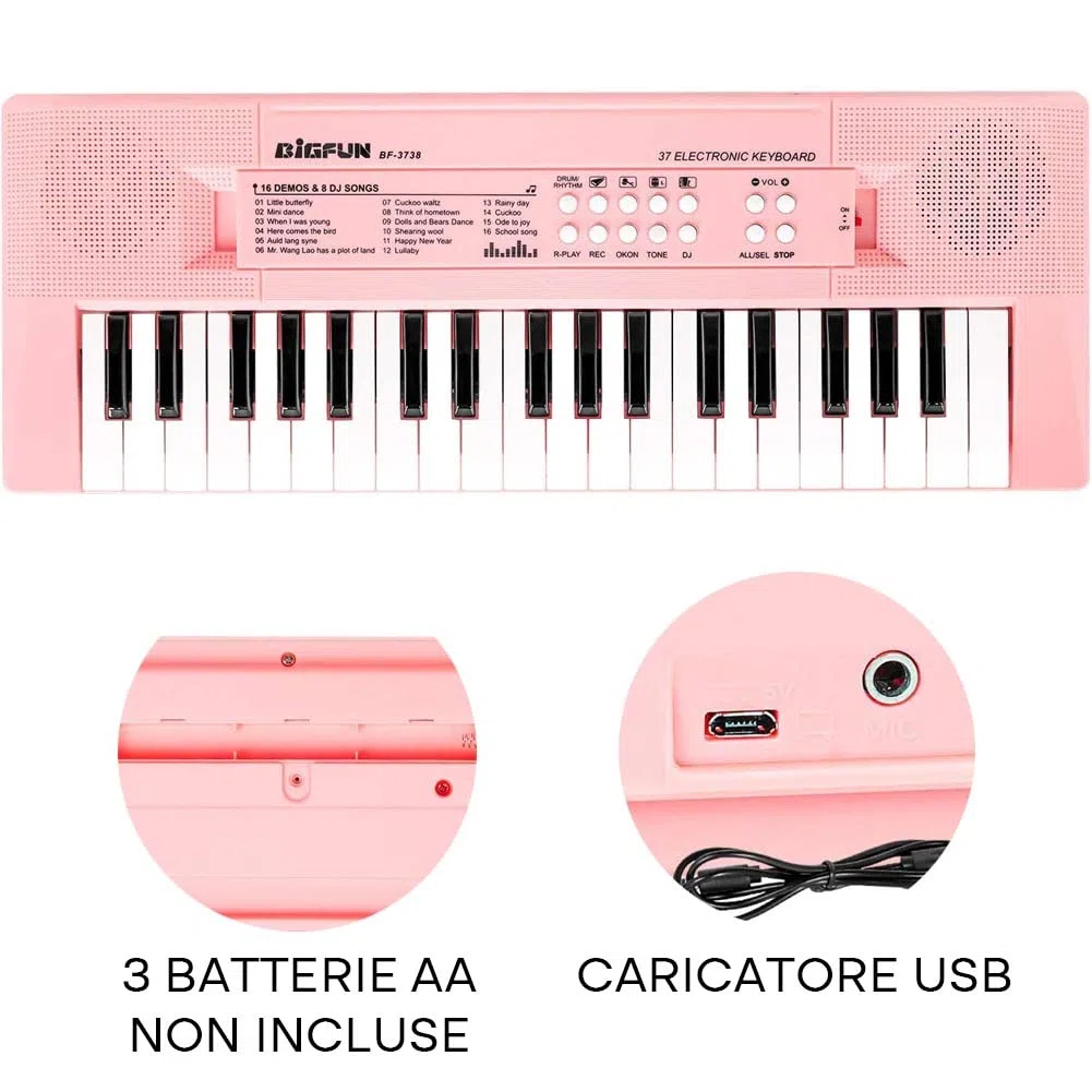 BAKAJI Tastiera Elettronica per Bambini con Microfono, Pianoforte Elettronico a 37 Tasti Giocattolo, Pianola Musicale Gioco Educativo Multifunzione, Colore Rosa, Perfetta Idea Regalo