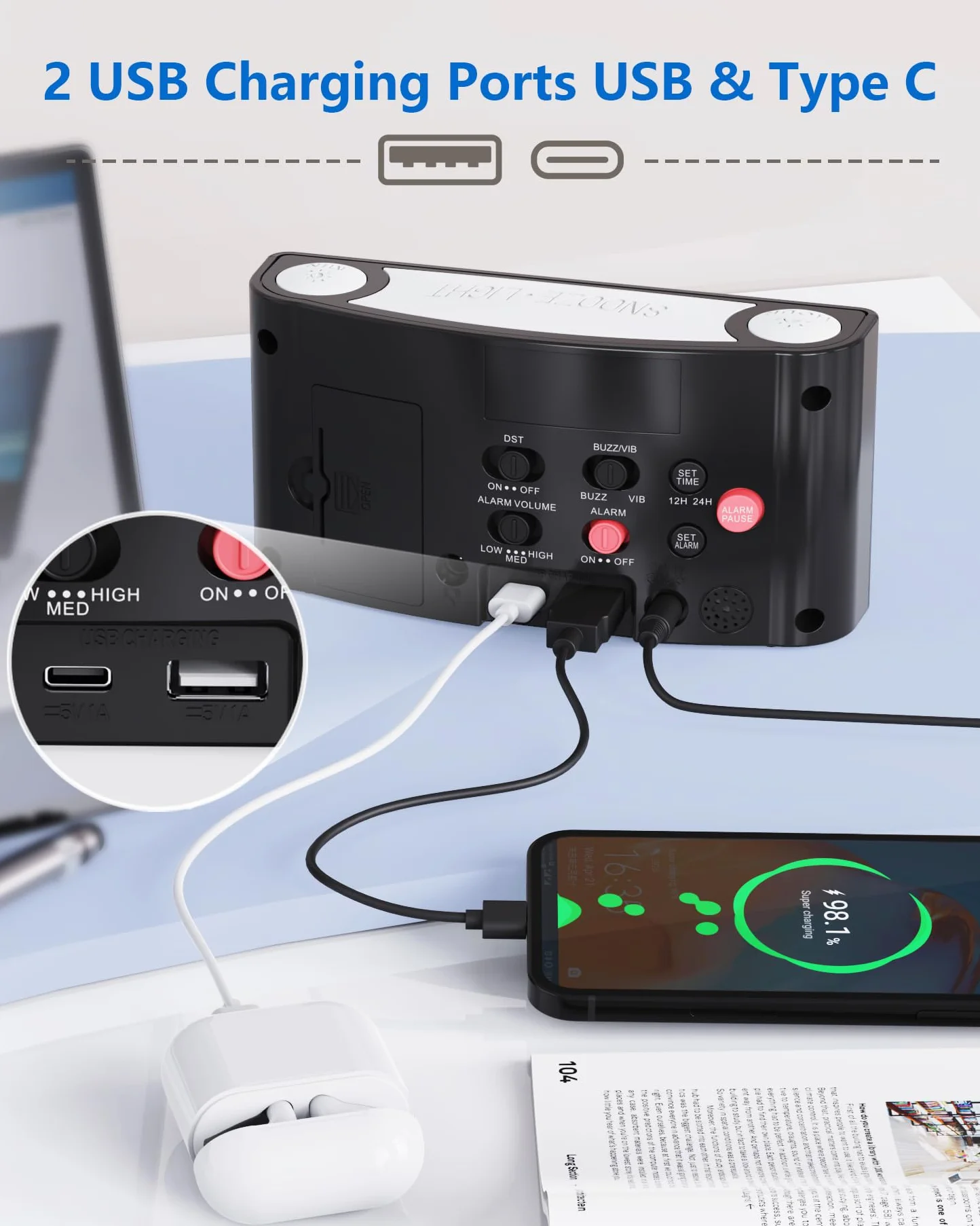 Sveglia con vibrazione per dormiglioni e persone con problemi di udito, tipo caricatore C, 12/24 H, sveglia ad alto volume con 7 luci notturne, grande display LED, dimmer, snooze, batteria di backup