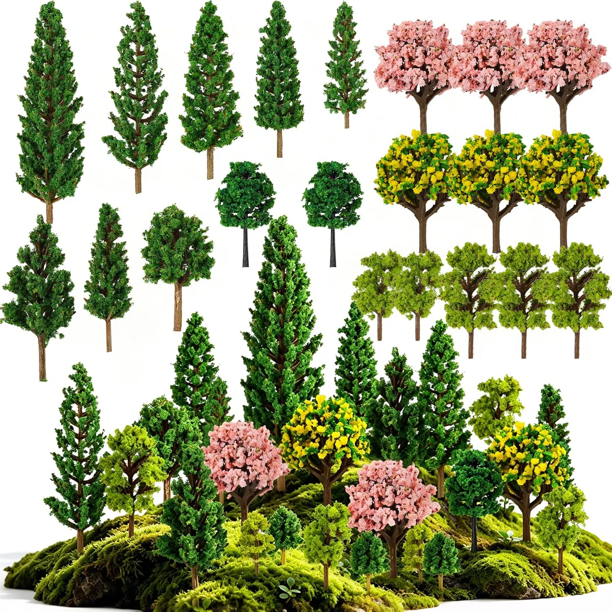 Alberi in miniatura, 35 pezzi, 3-14 cm, mini alberi misti e arbusti fai da te, per paesaggio, architettura, modelli, accessori