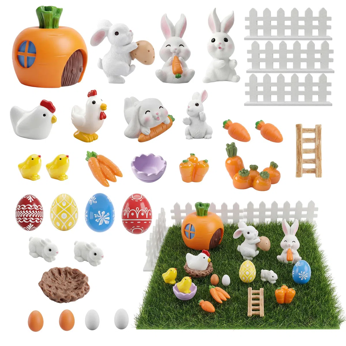 Golgner 32 statuette in miniatura coniglio, statuetta in resina, statuetta in miniatura, decorazione pasquale, con gallina, gallina, uova di Pasqua, carote, per fai da te, decorazione pasquale, regalo