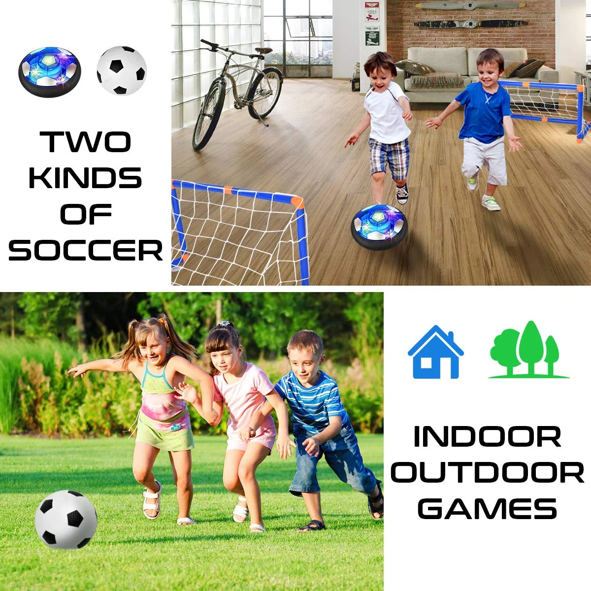 SUNNOW Pallone Fluttuante - Ricaricabile Air Hover Pallone con 2 Porta da Calcio Gioco Calcio Bambino Palla Fluttuante per Bambini 3 4 5 6 7 8-12 Anni Natale Regalo
