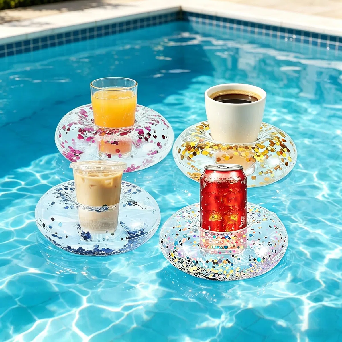 4 Pezzi Portabibite Gonfiabile, Vassoio Galleggiante Piscina, Portabicchieri Piscina, Sottobicchieri Gonfiabili Ad Acqua Per Birra, Cocktail, Acqua