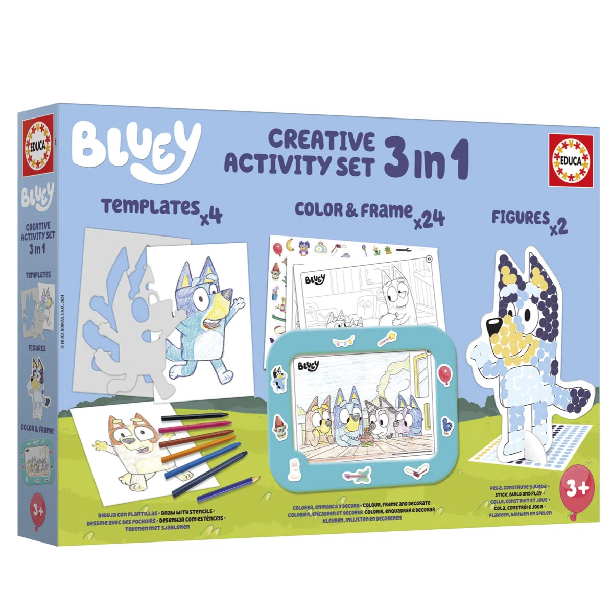 Educa - Set creativo Bluey 3 in 1 con tre attività: dipingere con i numeri, creare 2 figure 3D da decorare e disegnare i personaggi della serie Bluey con gli stencil. Da 3 anni in su (19887)