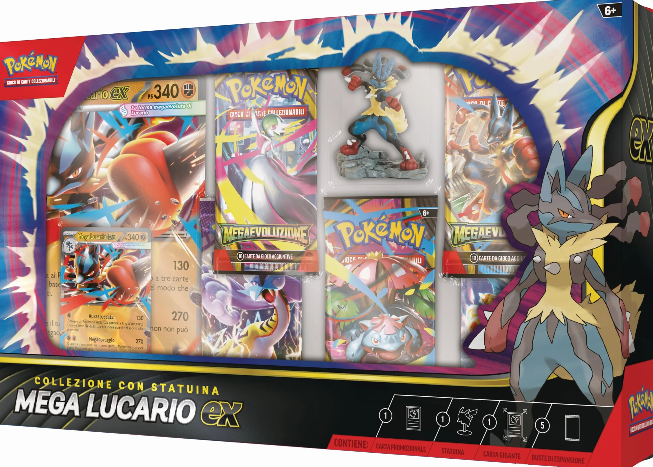 Pokémon: collezione con statuina Mega Lucario-ex del (una carta promozionale olografica, una carta promozionale gigante, cinque buste di espansione e una statuina di Mega Lucario)
