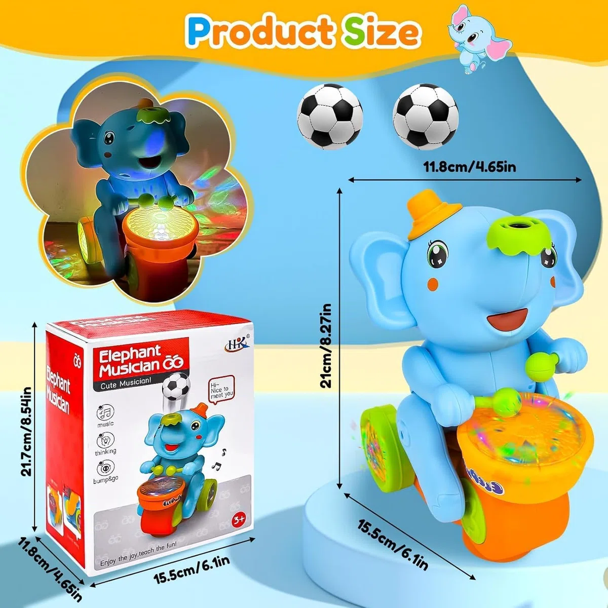 Giocattolio musicale dell'elefante che cammina con tamburi e luci LED, giocattolo interattivo per bambini con suoni, giocattolo mobile per elefanti per bambini piccoli, giocattolo educativo precoce