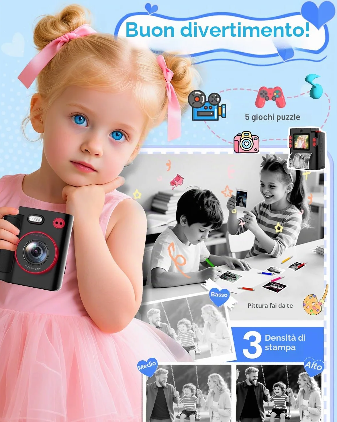 Macchina Fotografica Bambini Istantanea, 1080P HD Fotocamera Istantanea per Bambini con 32GB Scheda & Carta Fotografica, Giocattolo Regalo di Natale Compleanno Bambino e Bambina 3-12 Anni