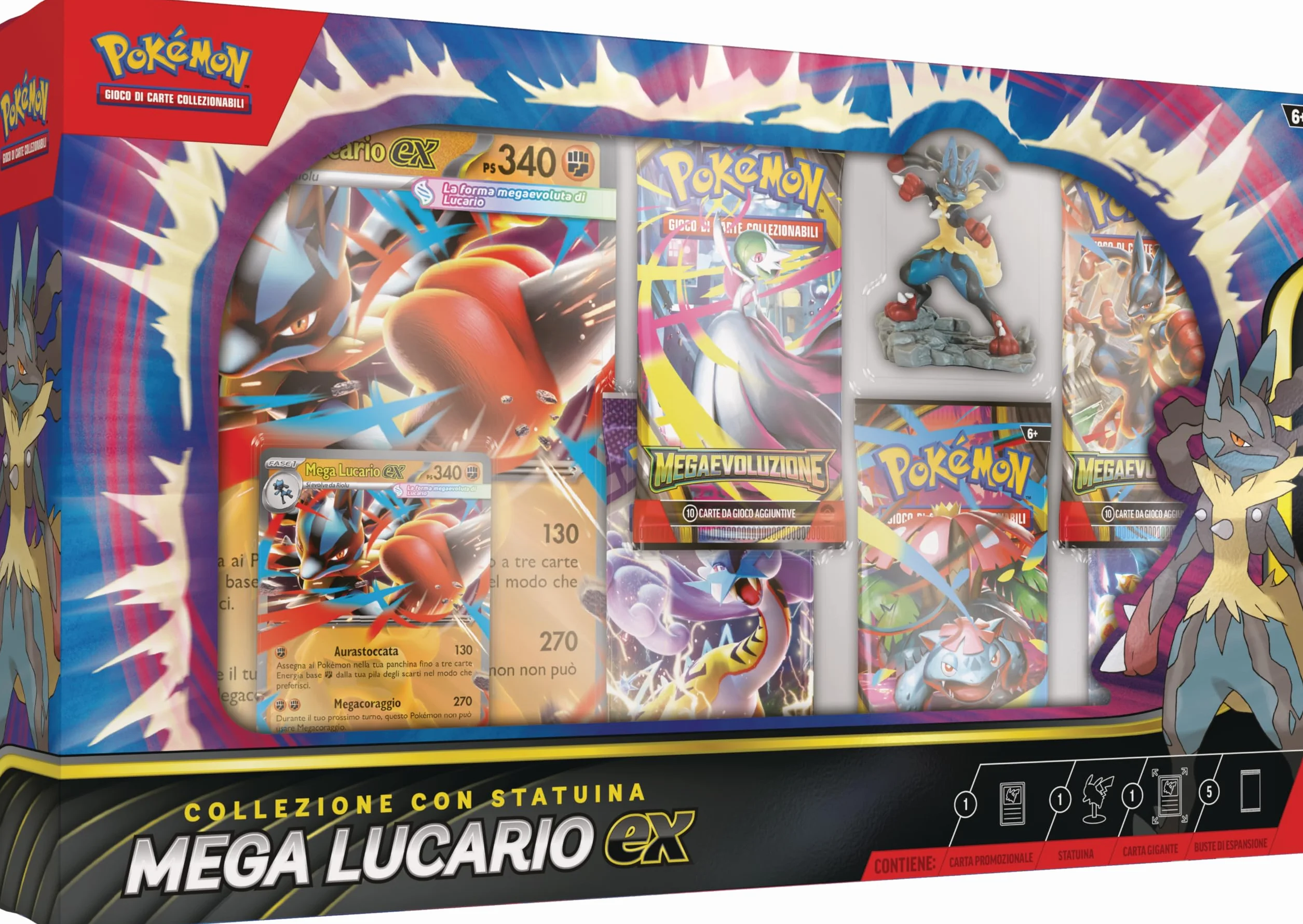 Pokémon: collezione con statuina Mega Lucario-ex del (una carta promozionale olografica, una carta promozionale gigante, cinque buste di espansione e una statuina di Mega Lucario)