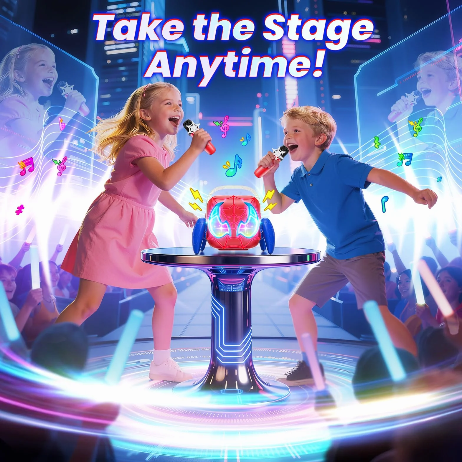 Karaoke per Bambini con 2 Microfoni Luci LED Regalo 3-12 Anni Maschio Giochi Compleanno Festa Natale