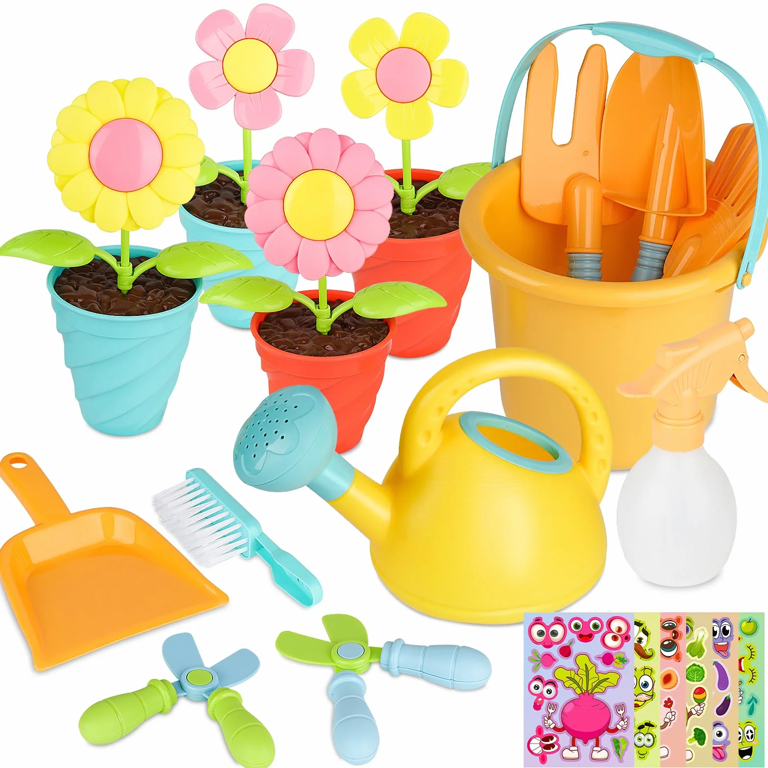 24 Pezzi Giochi per Bambini con Adesivi, Set di Giardino per Bambini, Annaffiatoio, Pala, Rastrello