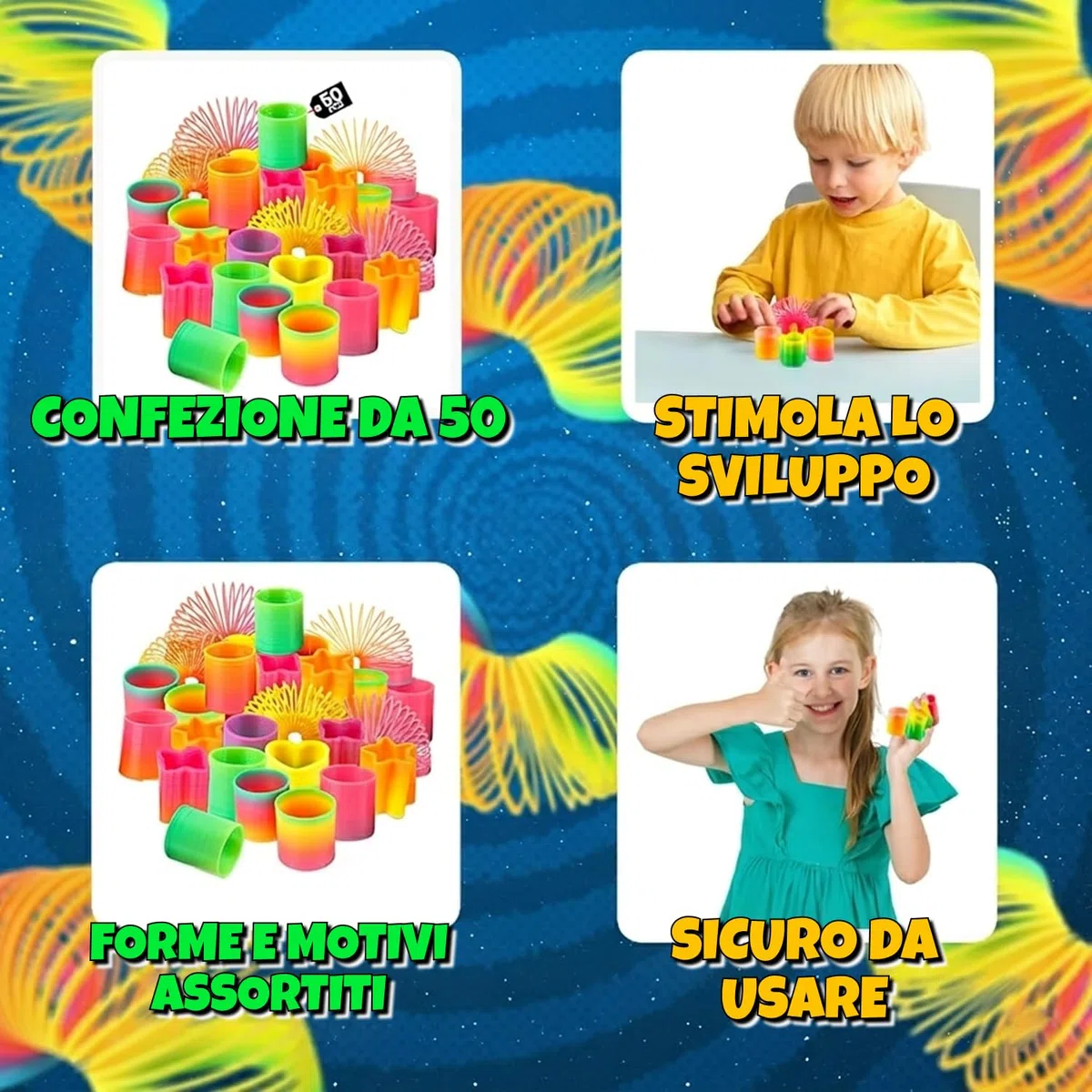 Bedwina Assortimento Giocattoli Rainbow Spring – 50 Mini Giocattoli a Molla Colorati, Ideali per Sacchetti Regalo, premi per Feste e Calze di Natale per Bambini