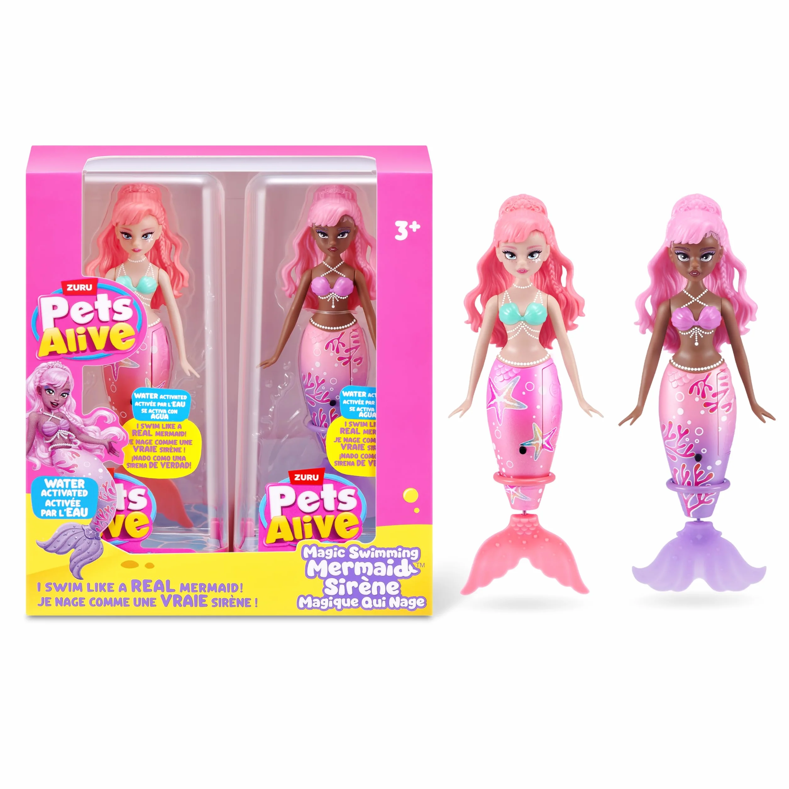 Pets Alive Magic Swimming Mermaid 2 Pack (Sea Star & Coral) by ZURU – Bambola sirena robotica per il gioco in acqua, nuota automaticamente, 16.3 cm