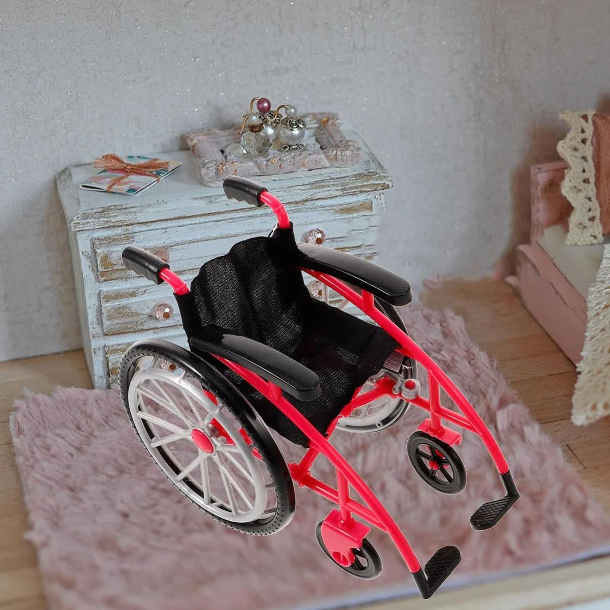 Set di bastoni per Sedia a rotelle in Miniatura per Bambole da 30 cm, Accessorio Rosso Rosa per Esposizione di Giochi per Bambole