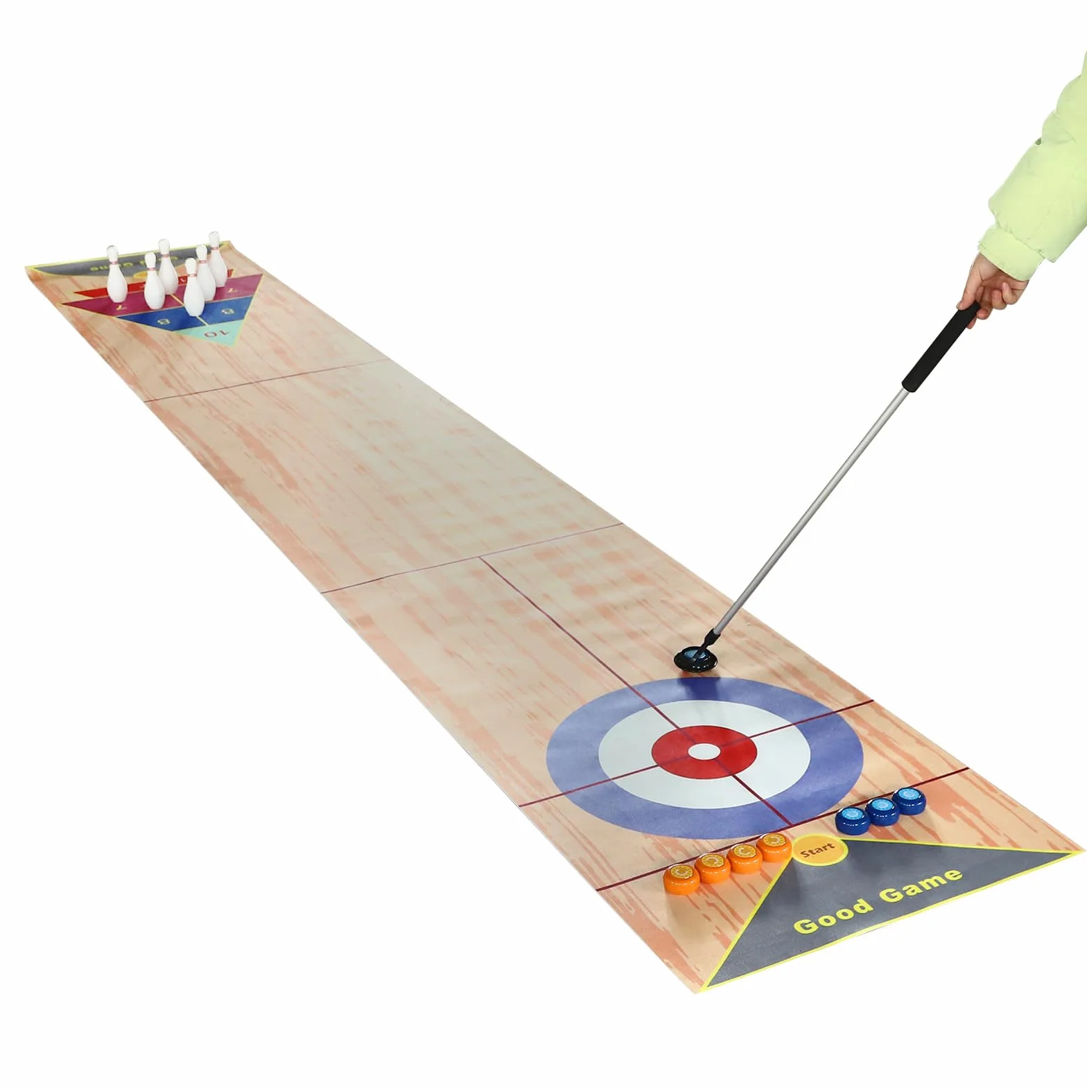 Set di giochi da tavolo 3 in 1, shuffleboard bowling curling, gioco di famiglia, con 2 aste di spinta e 8 arricciature e 6 pin, tavolo Top Games per casa, ufficio, feste