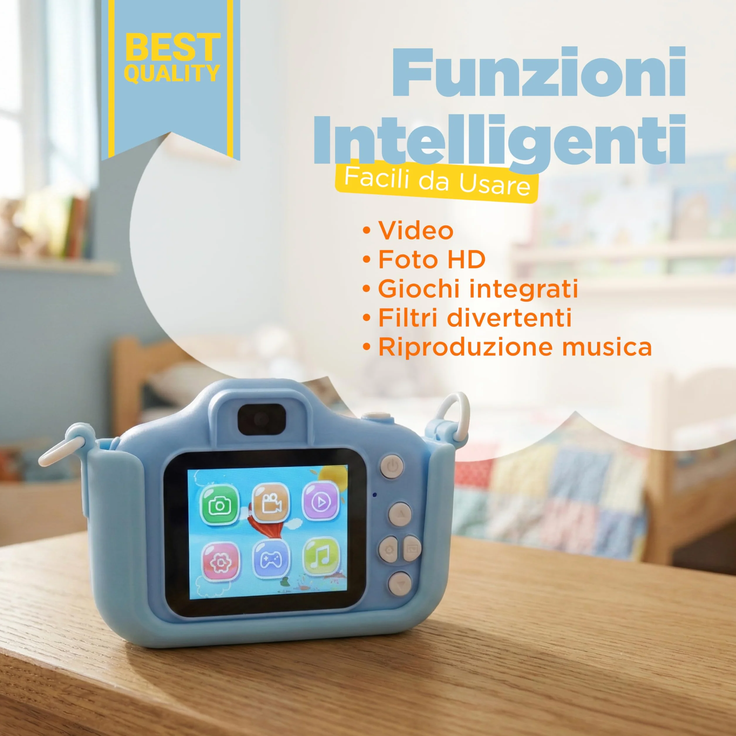 Fotocamera Digitale Bambini con Video HD, Giochi Integrati e Filtri Divertenti, Macchina Fotografica per Bambini con Cover in Gomma Antiurto, Display LCD, Micro SD Inclusa, Giocattolo Educativo