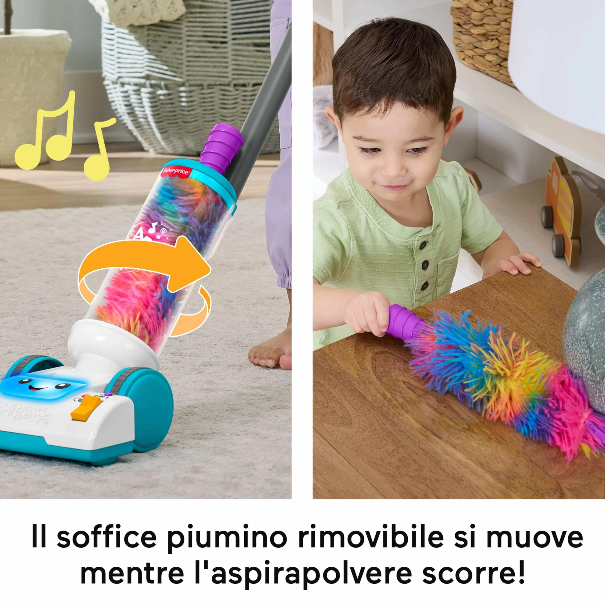 Fisher-Price Aspirapolvere e Spolverino 2 in 1 Set Giocattolo con 45 Canzoni Luci Suoni Italiano 2+ Anni JMM34