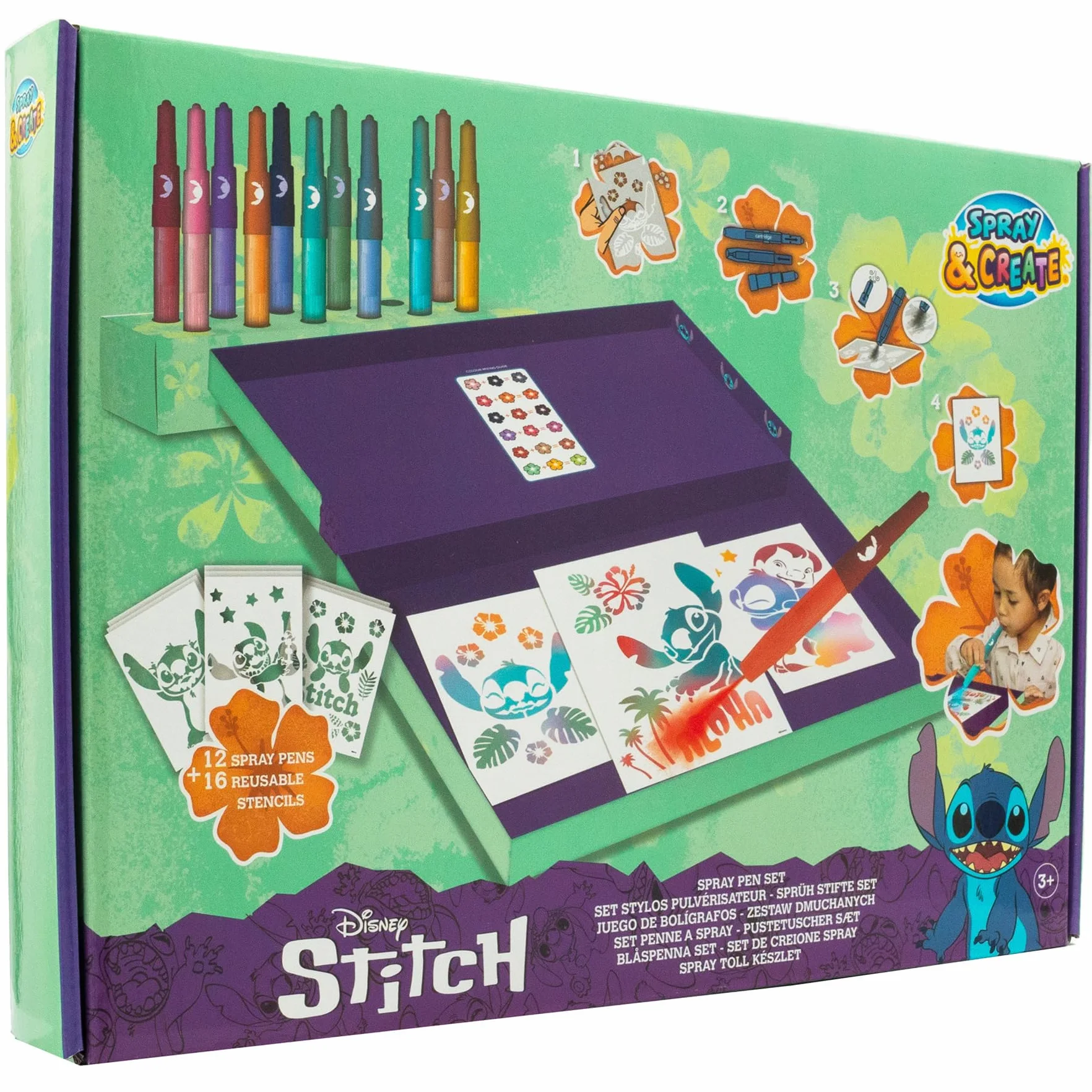 Disney Lilo & Stitch - Set di Penne Spray Colorate - Set da Disegno e Colorazione ad Aerografo per Bambini con Pennarelli e Stencil (Desktop Box ST23368)