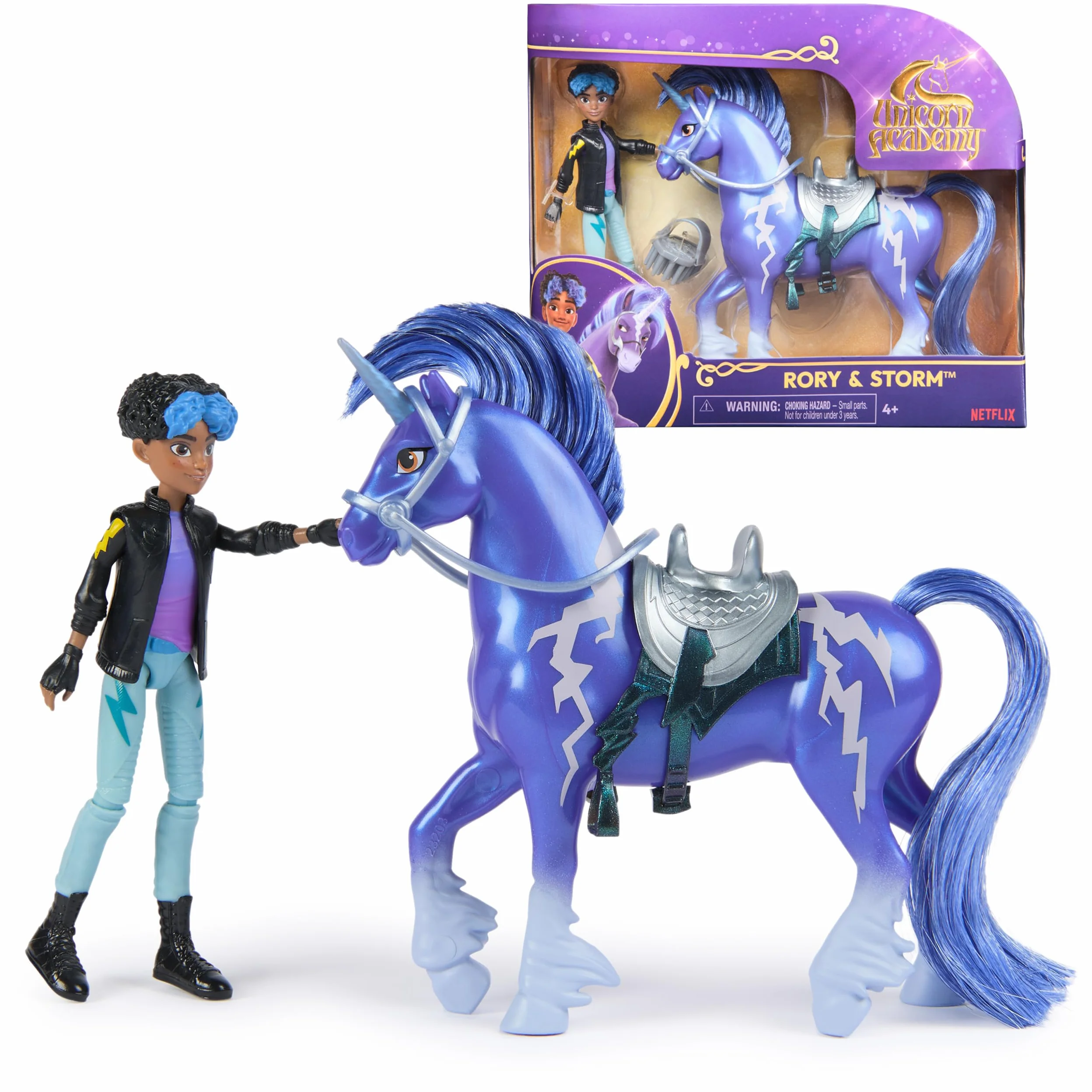 Unicorn Academy Set – Rory e Unicorno Storm con vera criniera e coda e spazzola, circa 12 cm personaggi originali della popolare serie Netflix, per bambini dai 4 anni in su