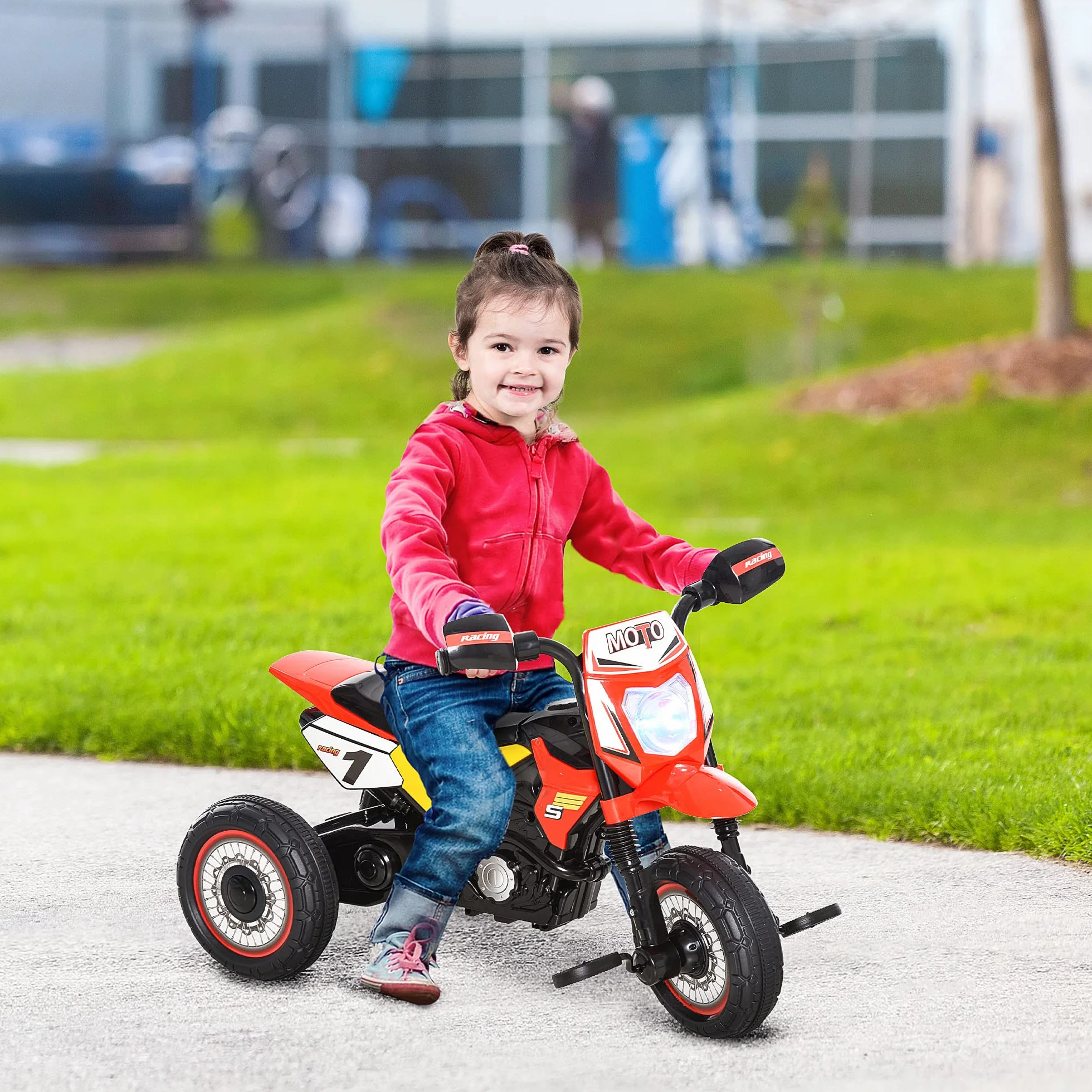 HOMCOM Triciclo per Bambini Stile Moto a Pedali con Luci e Suoni, 3 Ruote Larghe, Età 18-36 Mesi, 71x40x51cm, Rosso