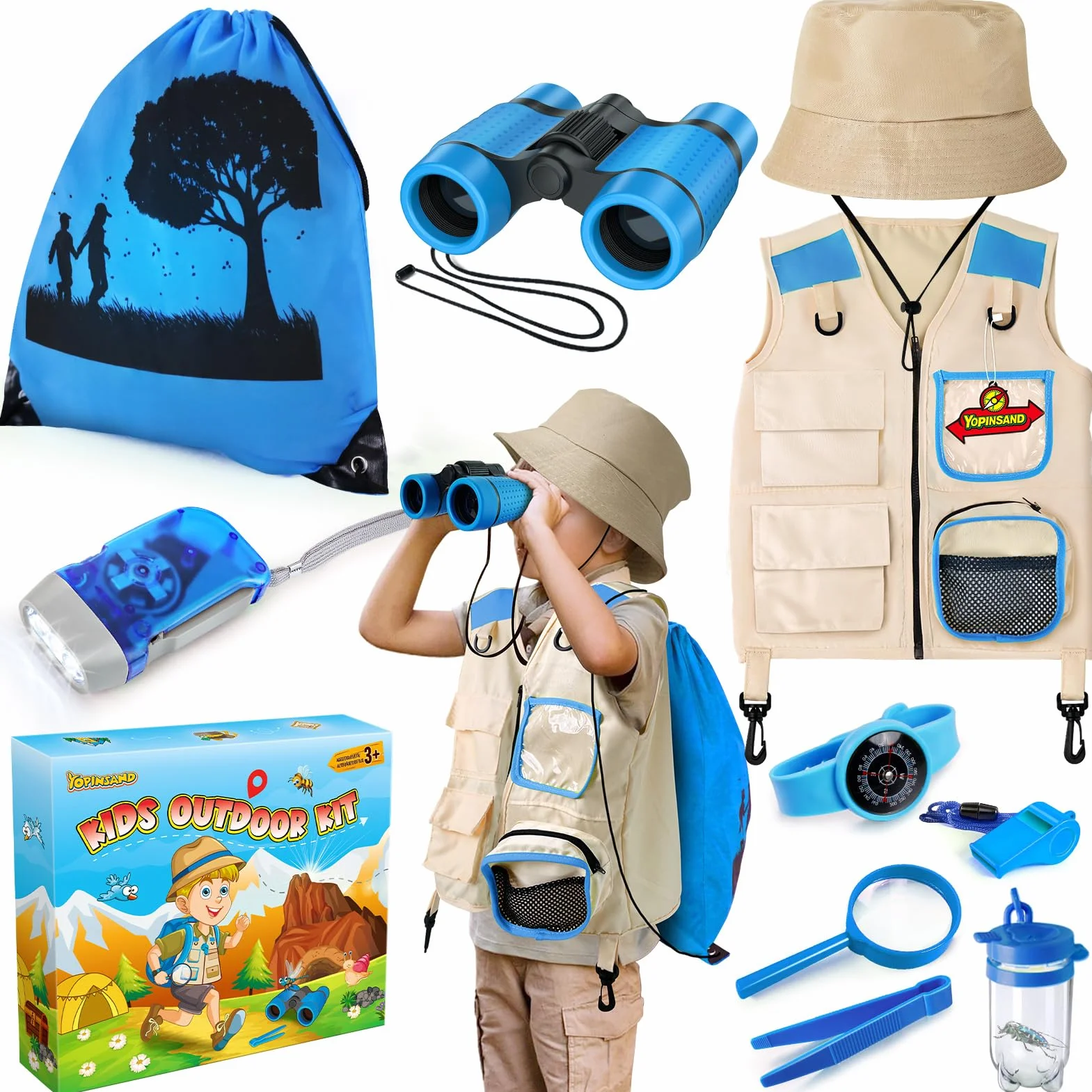 Set da esplorazione per bambini, con gilet, cappello, zaino e binocolo, giocattolo da esterno per bambini, ragazze e ragazzi