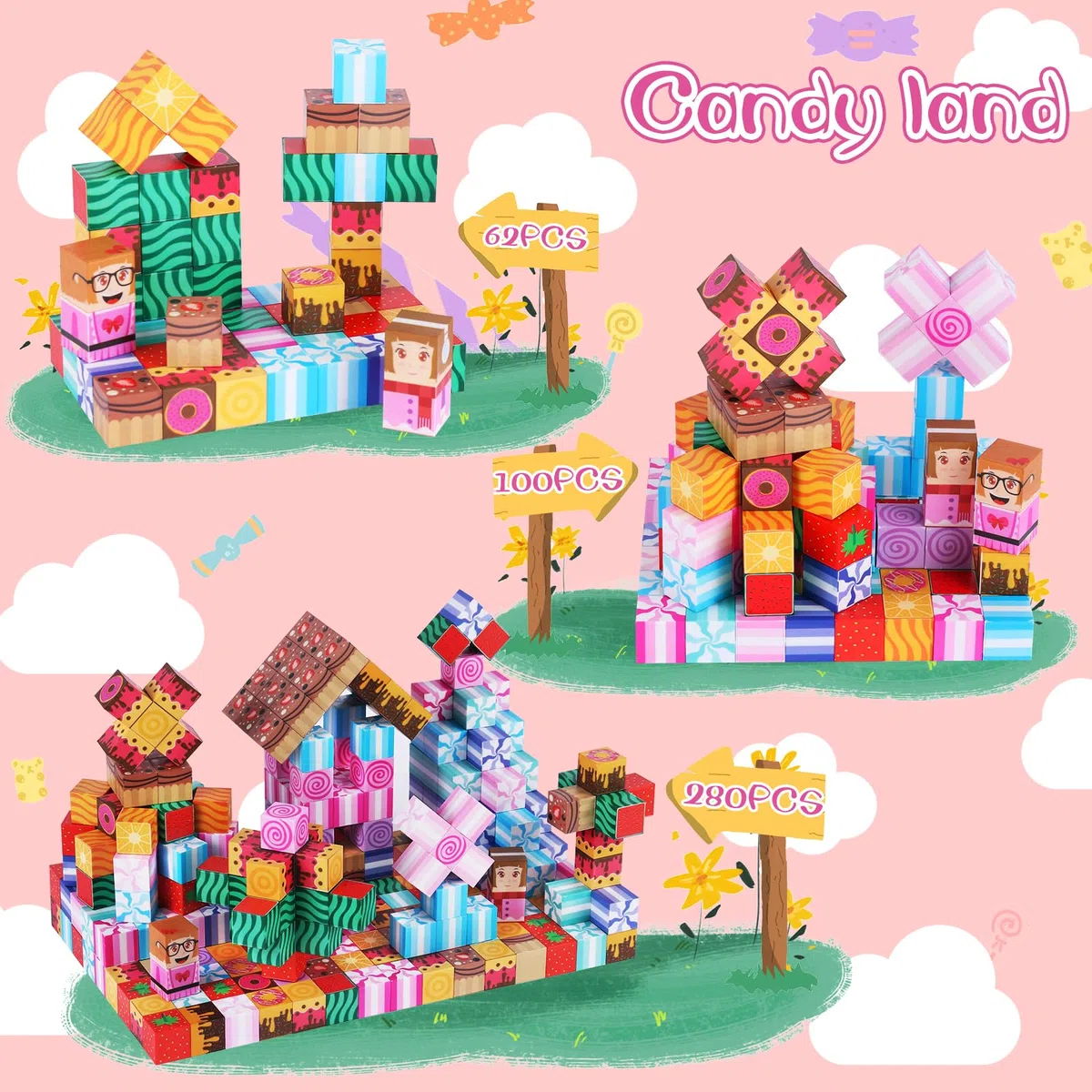 Blocchi Magnetici per Bambini - 100 Pezzi Cubi Magnetici per Bambini, Costruzioni Magnetiche per Costruire un Mondo Fantastico - Mondo Delle Caramelle, Età 3+
