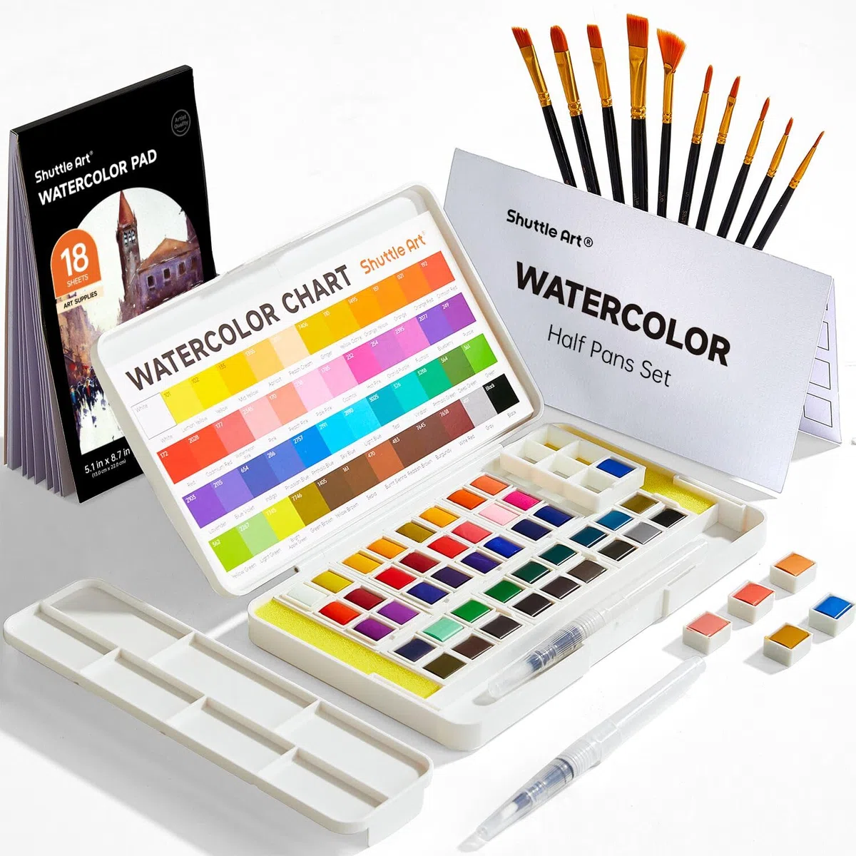 Shuttle Art Set di pittura ad acquerello, 48 colori acquerelli in mezzo barattolo, 2 penne pennelli per acqua, 10 pennelli, 1 blocco, 1 tavolozza, 2 quadri di colori, kit acquerello per bambini,