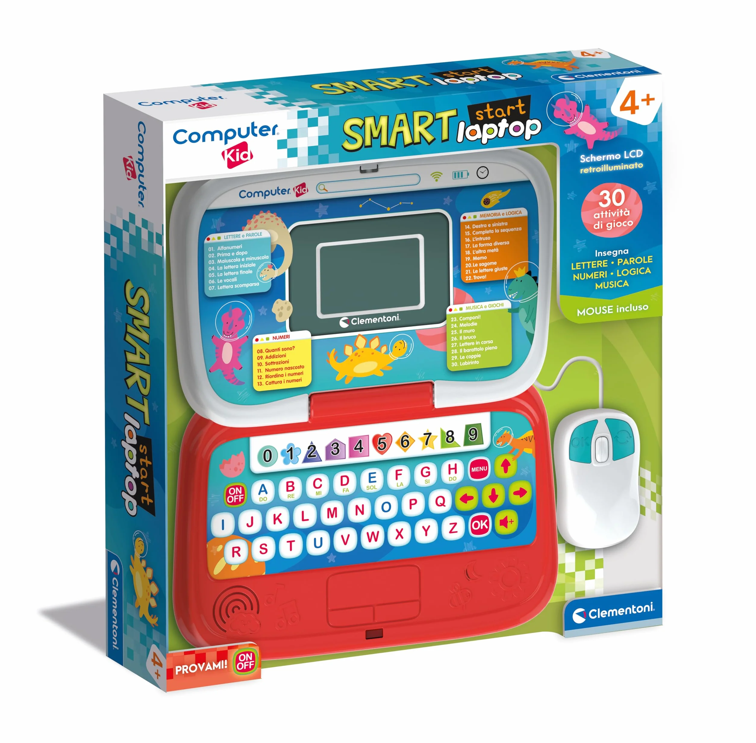 Clementoni - Computer Kid Smart Laptop Educativo Bambini 4+ Anni, 30 attività Educative, Gioco Elettronico per Imparare Lettere, Numeri e Musica, Mouse e Batterie Inclusi, Lingua Italiana, 16482