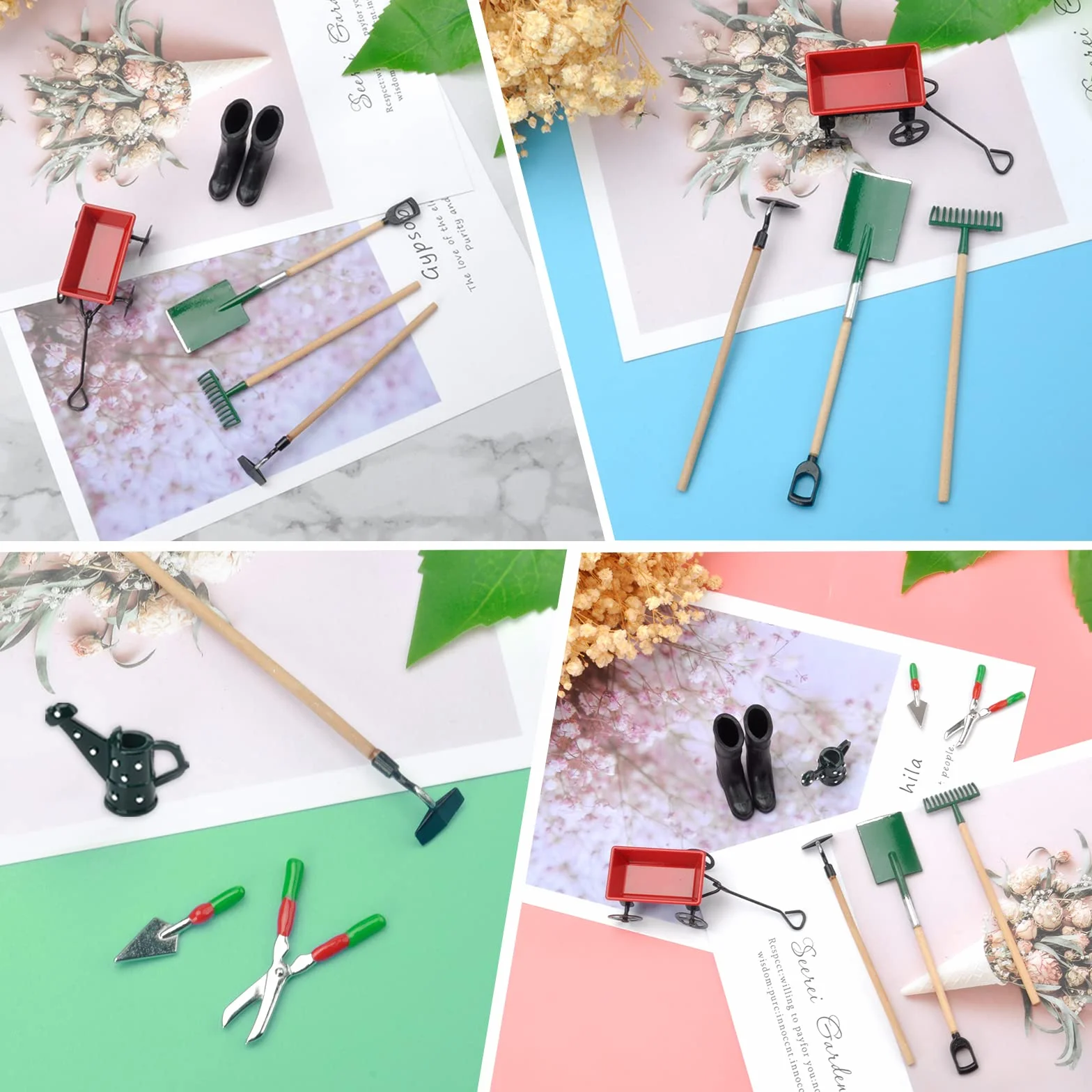 Set di 8 mini casa delle bambole in miniatura, attrezzi da giardino, stivali di gomma, annaffiatoio, vanga, pestello, rastrello, carrello, bollitore, forbici, brividi, mini ornamento da giardino