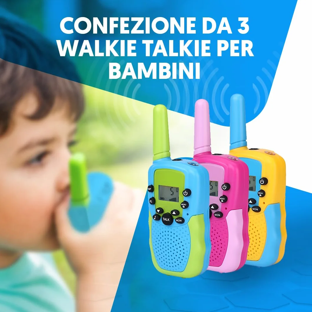 NK Set di 3 Walkie-Talkie per Bambini di 4 5 6 7 8 9 Anni (Batterie Incluse) - Lunga Distanza 3km, Display LED, 22 Canali, Giocattolo per Bambini con Torcia, Regalo di Natale Compleanno (3 unità)