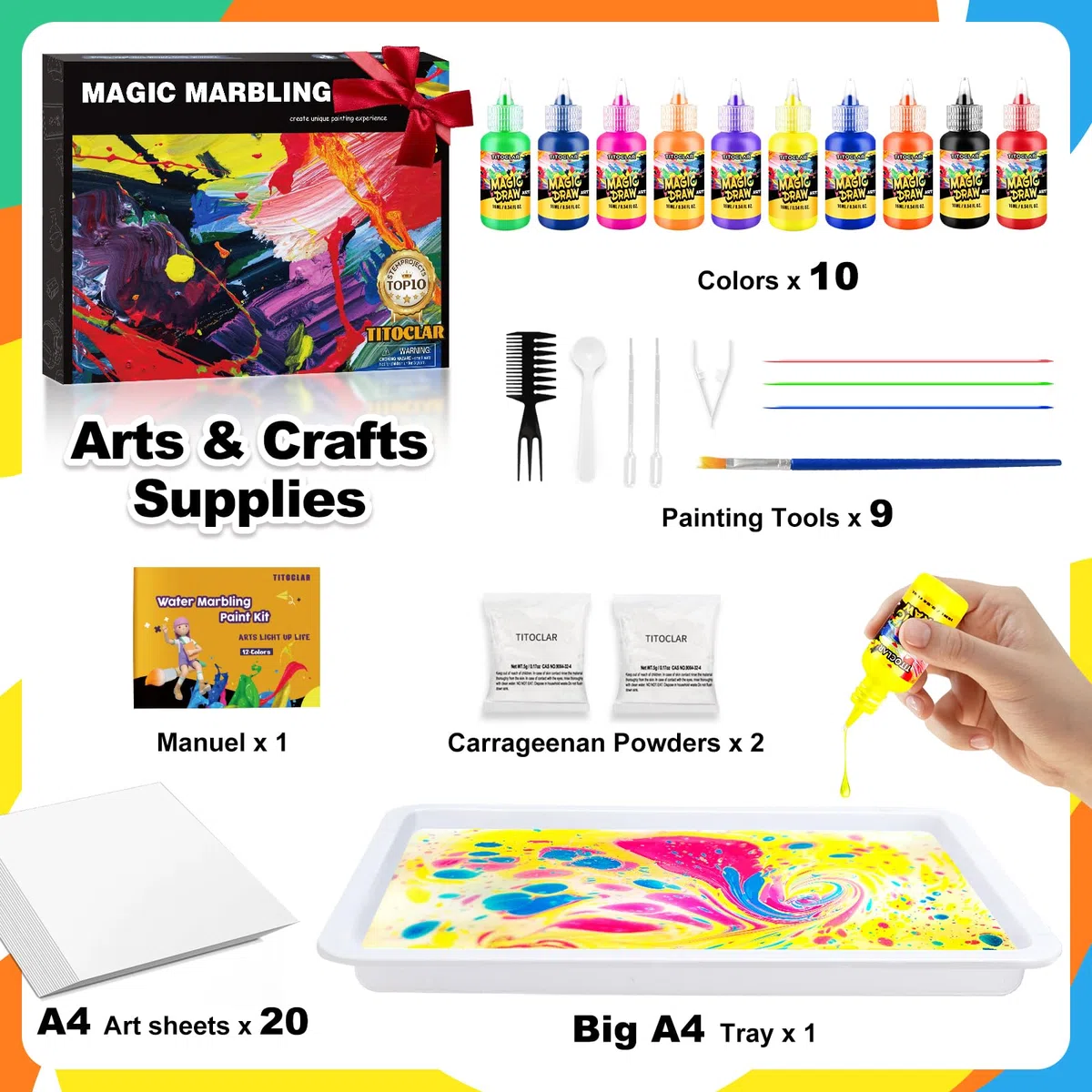Kit di pittura marmorizzata ad acqua, arti e artigianato per bambini, regali di compleanno per ragazze e ragazzi dai 3 anni in su, giocattoli per bambini da 8 a 13 anni, 5 a 7 anni, 3 a 6 anni,