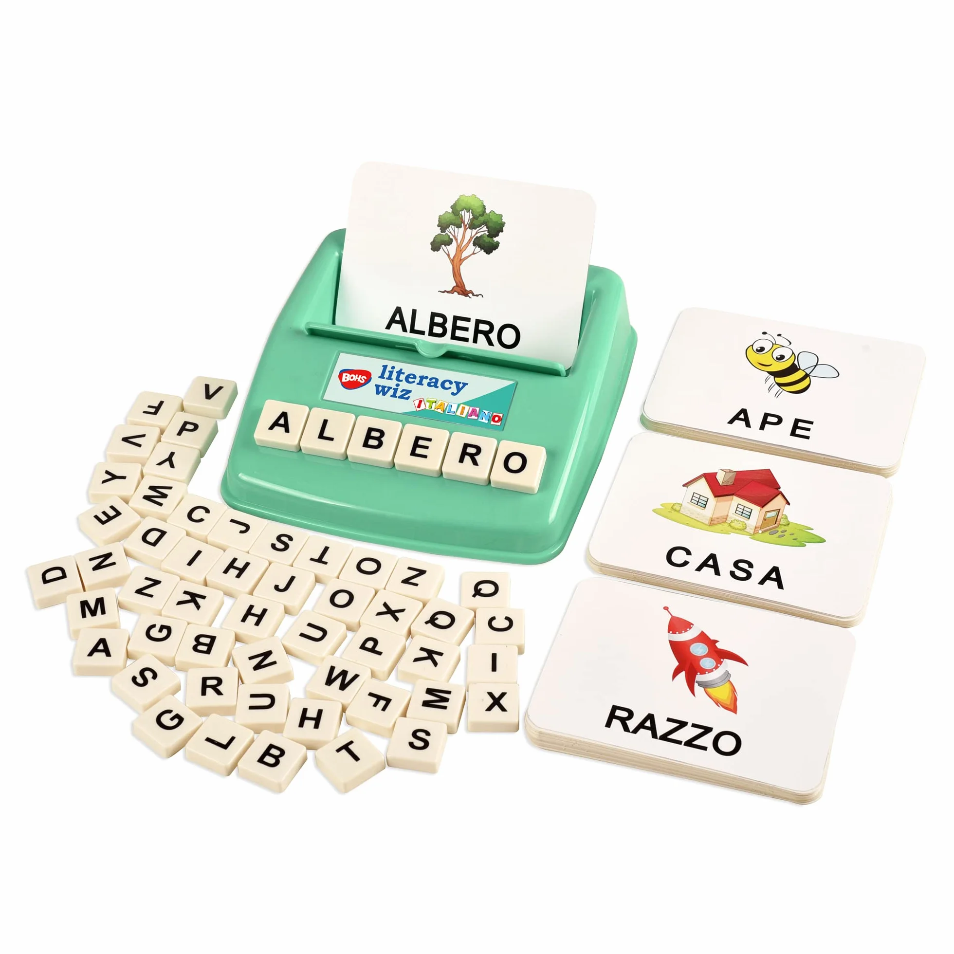 BOHS Juego de Ortografía en Italiano - Ve y Oculta la Ortografía - 60 Tarjetas Flash - Juguetes Educativos para el Aprendizaje de Idiomas en Preescolar