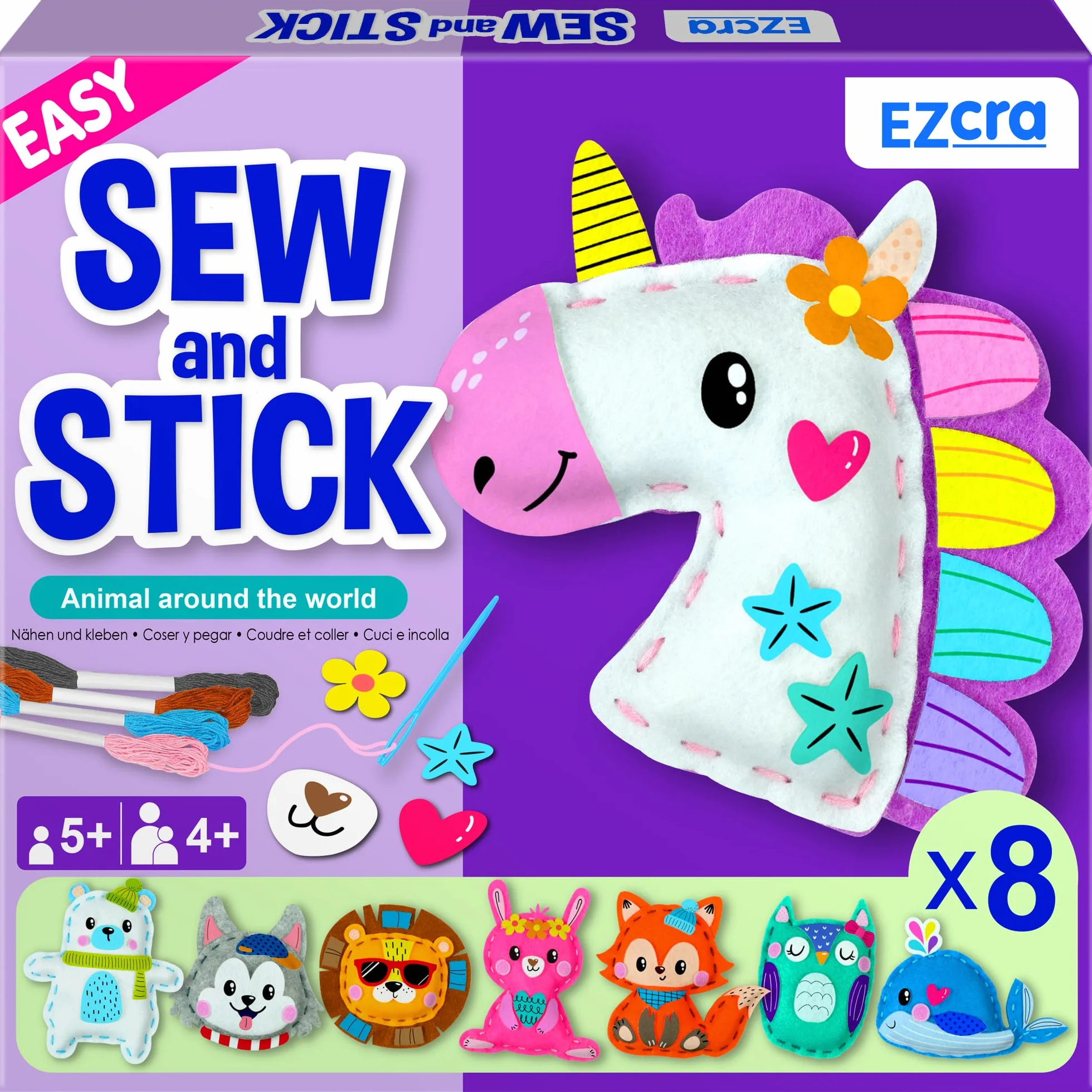 EZCRA Kit Cucito Bambine 8 Progetti Unicorno e Animali Feltro 4-8 Anni