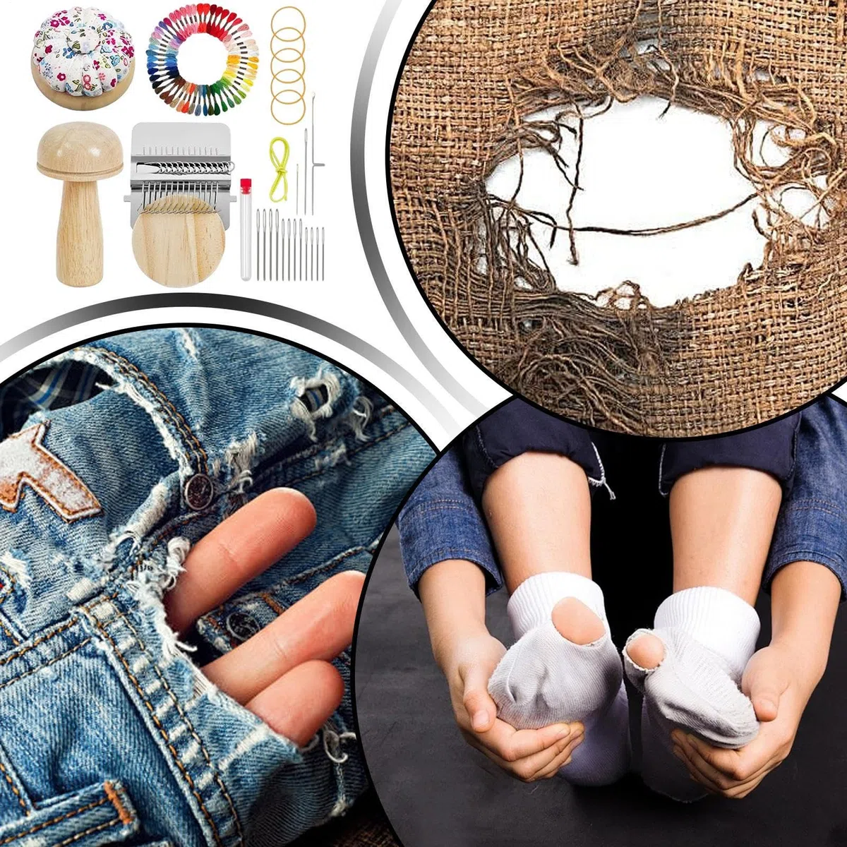 Mini Telai A Forma Di Fungo, Set Di Toppe Lavorate A Maglia, Include Un TelaioA 14 Uncinetti, 14 Aghi Da Ricamo, 50 Colori Di Filo, Adatto Ai Principianti Per Riparare Jeans, Calzino E Vestiti.