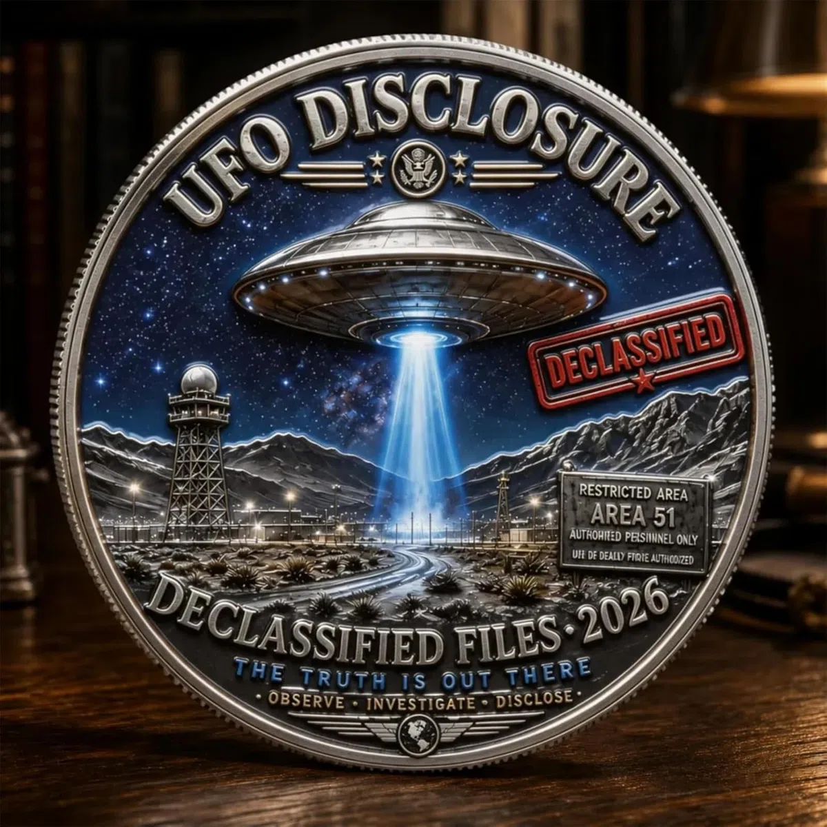 Moneta commemorativa UFO Disclosure 2026, moneta sfida a doppia faccia UFO Files, gettone da collezione Area 51 Declassified Files, appassionati di alieni e fantascienza (01#)