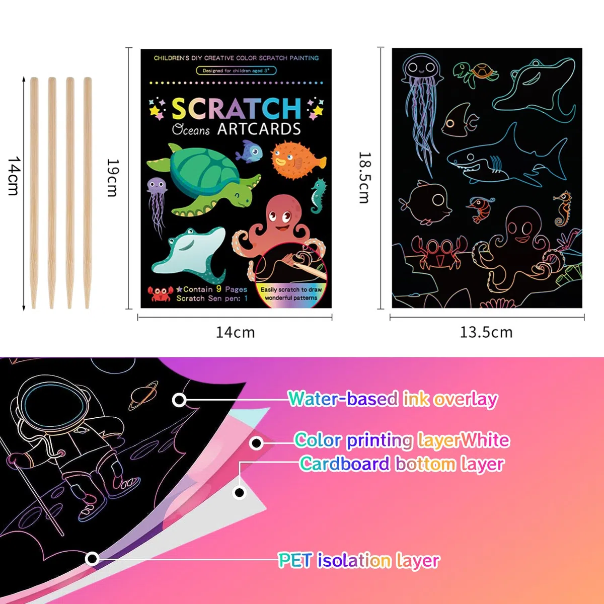 Set 4 Blocchi Disegni Grattare Per Bambini, Carta Magica Arcobaleno Grattare, Album Grattare Con Temi Dinosauri, Spazio, Oceani e Animali, Con Penna In Legno, Ideale Per Relax e Decorazione