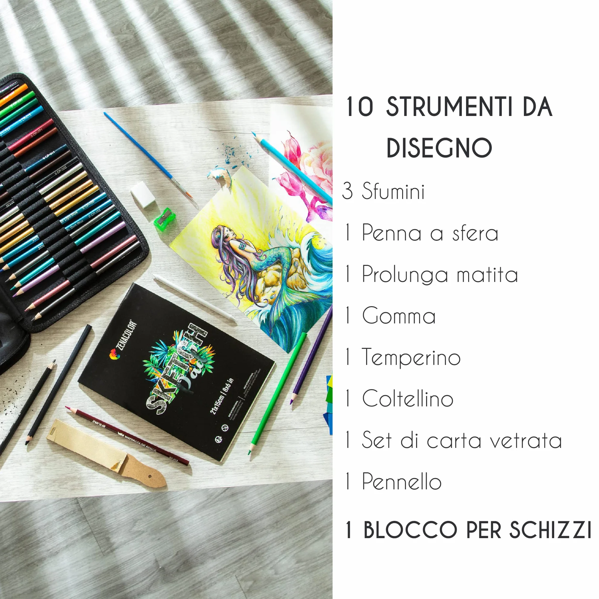 Zenacolor Kit Disegno Completo 74 Pezzi Album da Disegno Astuccio Portatile per Bambini e Adulti