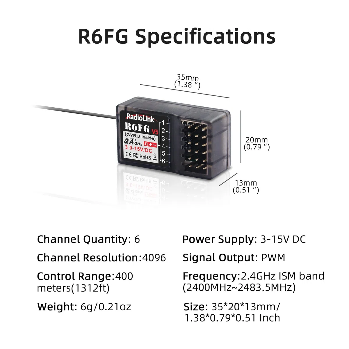 Radiolink Ricevitore R6FG RC 2.4 Ghz giroscopio integrato 6 canali ampia portata fino a 400 m per auto barche compatibile con RC6GS V3/RC4GS V3/T8FB/T8S/RC8X/T16D/T12D