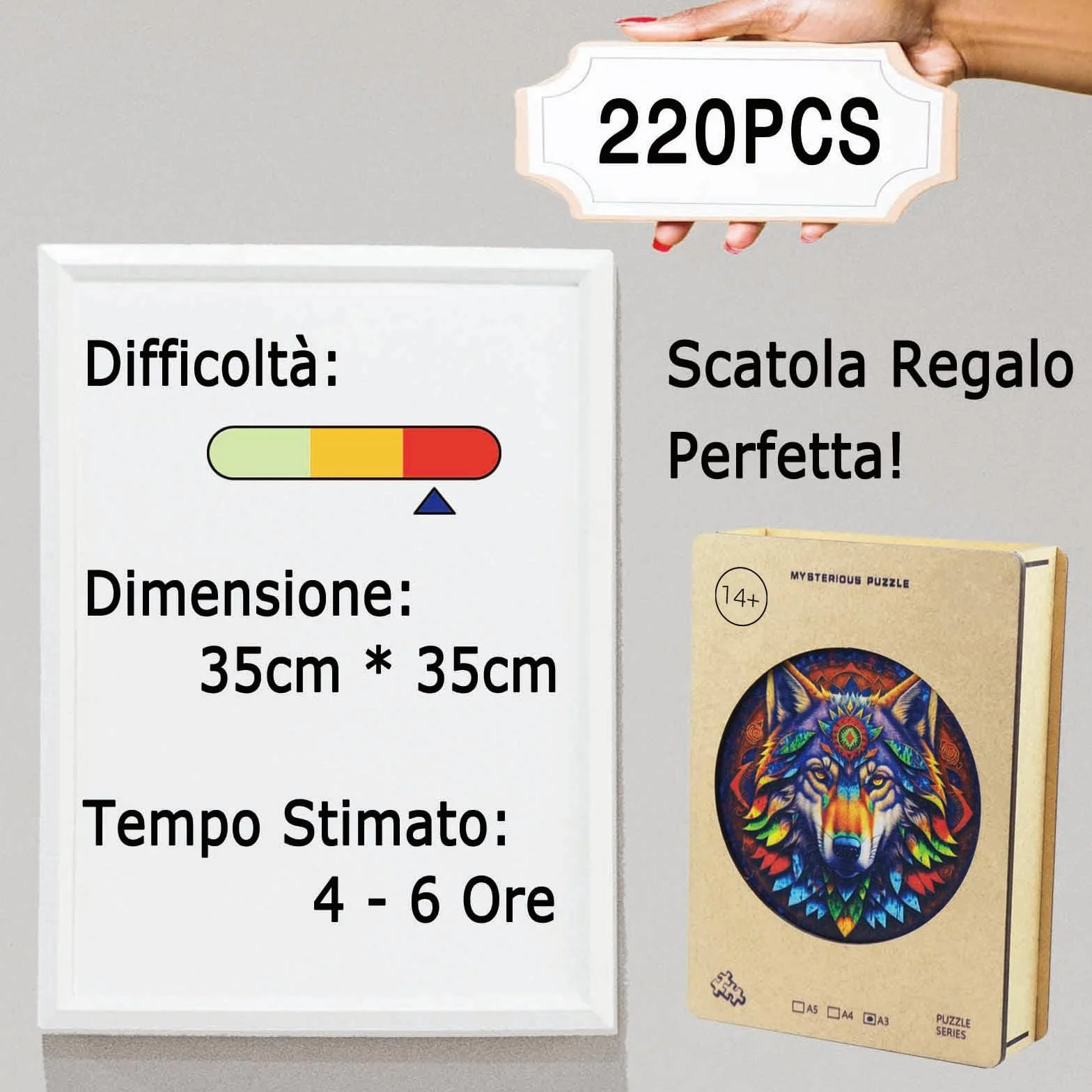 Puzzle Legno per Adulti, Puzzle in Legno del Lupo, 35 x 35 cm, 220 Pezzi, Puzzle di Forma Irregolare, Wooden Puzzle, Puzzle di Animali con Scatola Regalo in Legno
