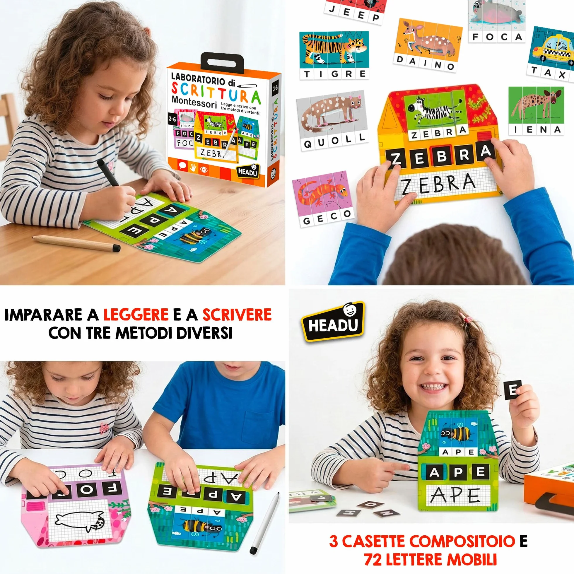 HEADU - Laboratorio di Scrittura Montessori - Leggo e Scrivo con 3 Metodi Divertenti | Giochi Educativi 3 4 5 6 Anni, Gioco Montessori per Imparare a Leggere e Scrivere, Regalo Bambina Regalo Bambino