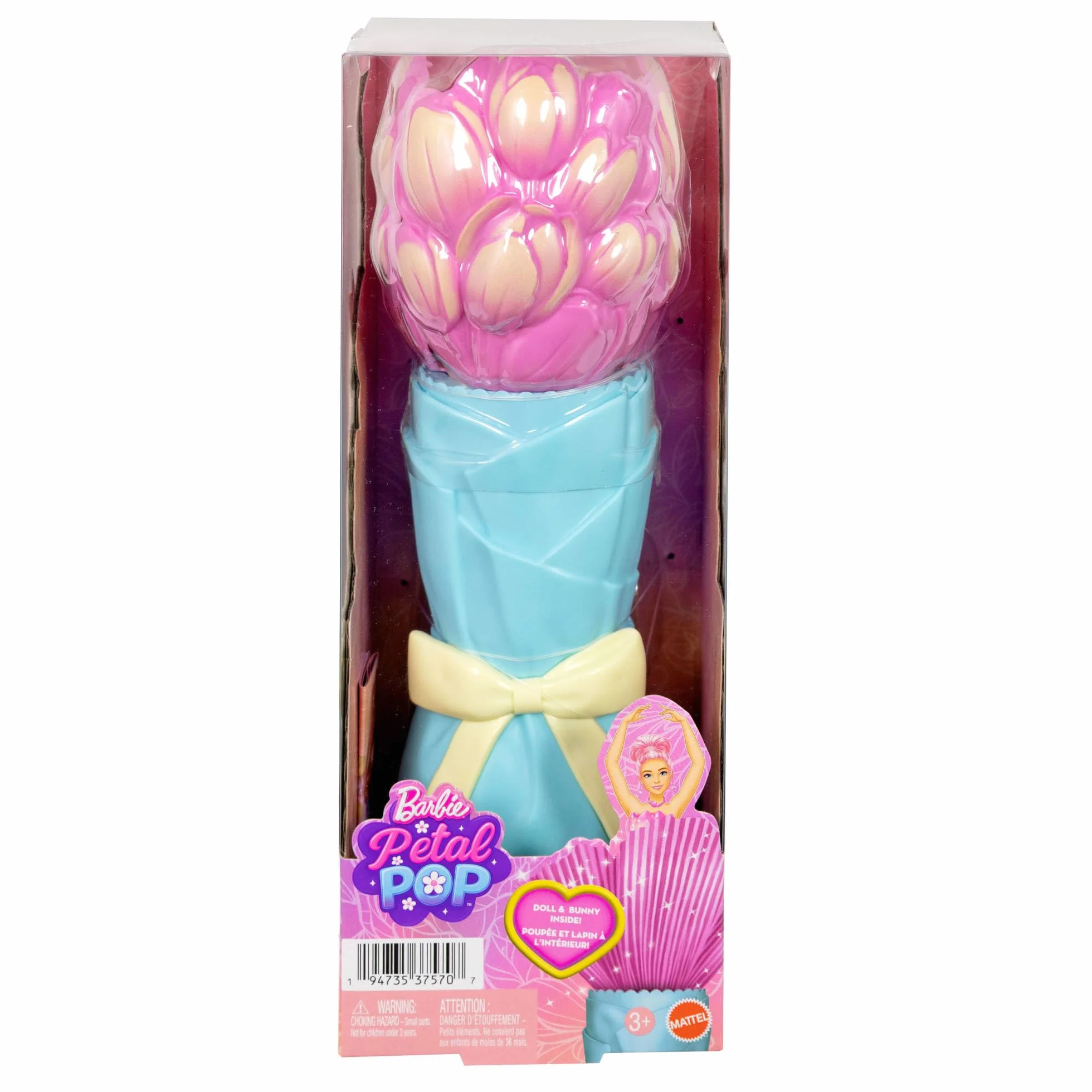 Barbie Petal Pop, bambola profumata con abito tulipano rosa e accessori, sorpresa bouquet con coniglietto e accessori come annaffiatoio, collana e orecchini, JMF57