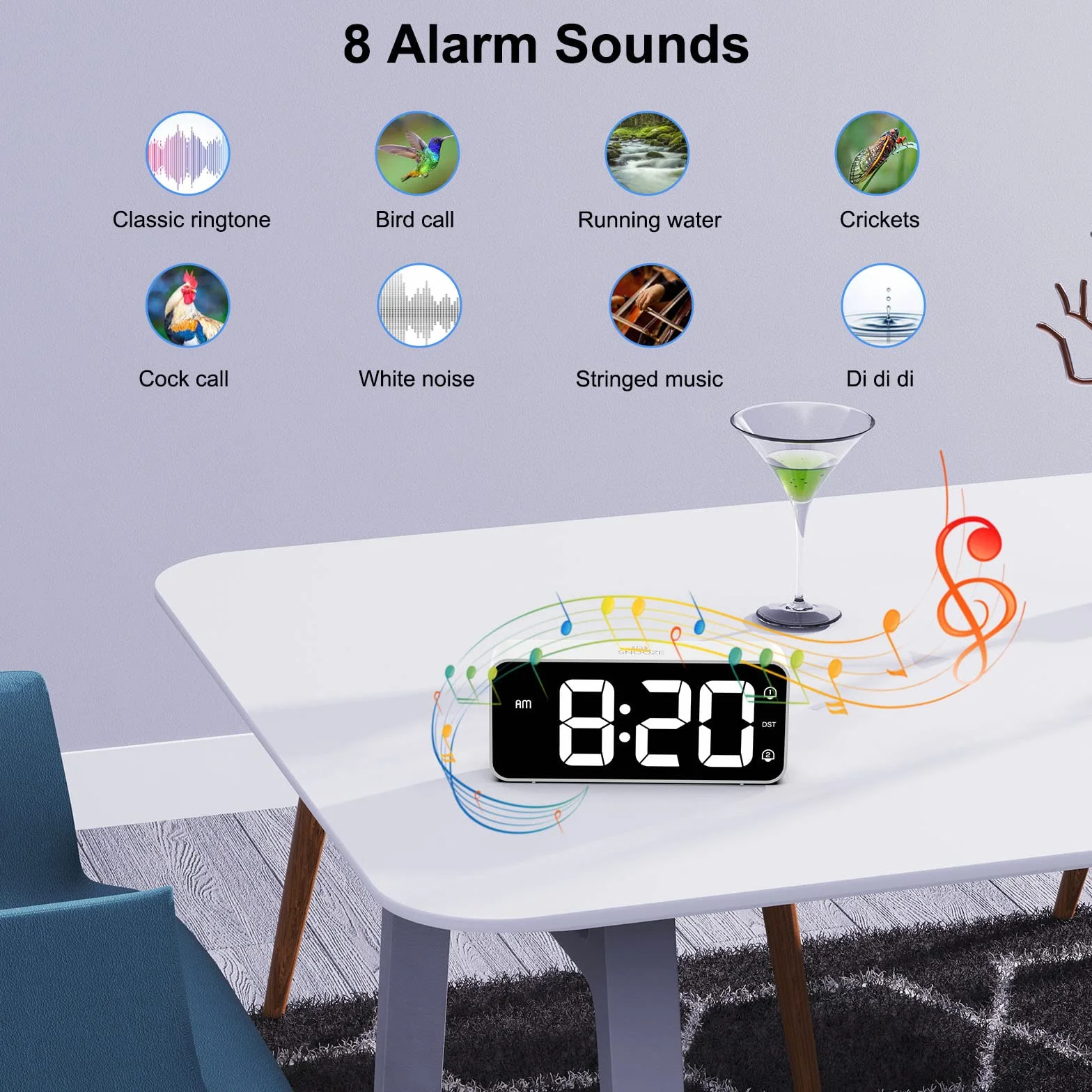 Sveglia da Comodino, Sveglia Digitale con Led Numeri Grandi, 0-100% Dimmer, 90-120 dB Volume, 2 Allarme, 12/24H, Snooze, Porta di Ricarica USB (Adapter Incluse), Bianco