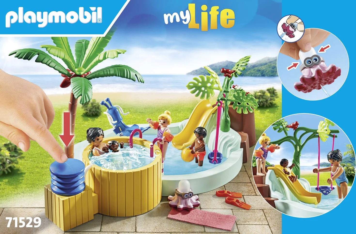 PLAYMOBIL myLife Promo Pack 71529 Piscina con Vasca idromassaggio, Divertimento Acquatico, Inclusi Scivolo a Onde, Dondolo a Molla e Altalena per Bambini, Giocattolo per Bambini dai 4 Anni in su