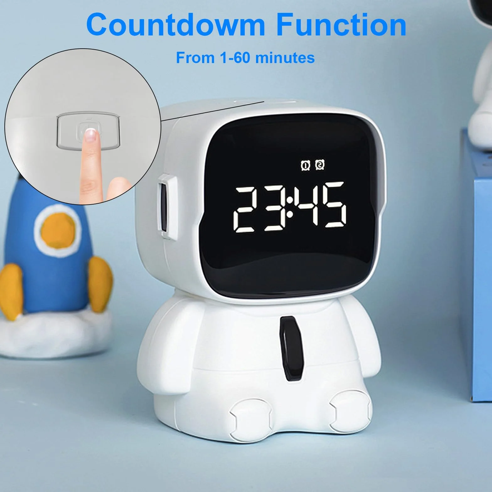 Sveglia digitale a LED per bambini, sveglia astronauta con funzione snooze, 2 allarmi, conto alla rovescia, orologio digitale elettronico ricaricabile per camera da letto, ufficio
