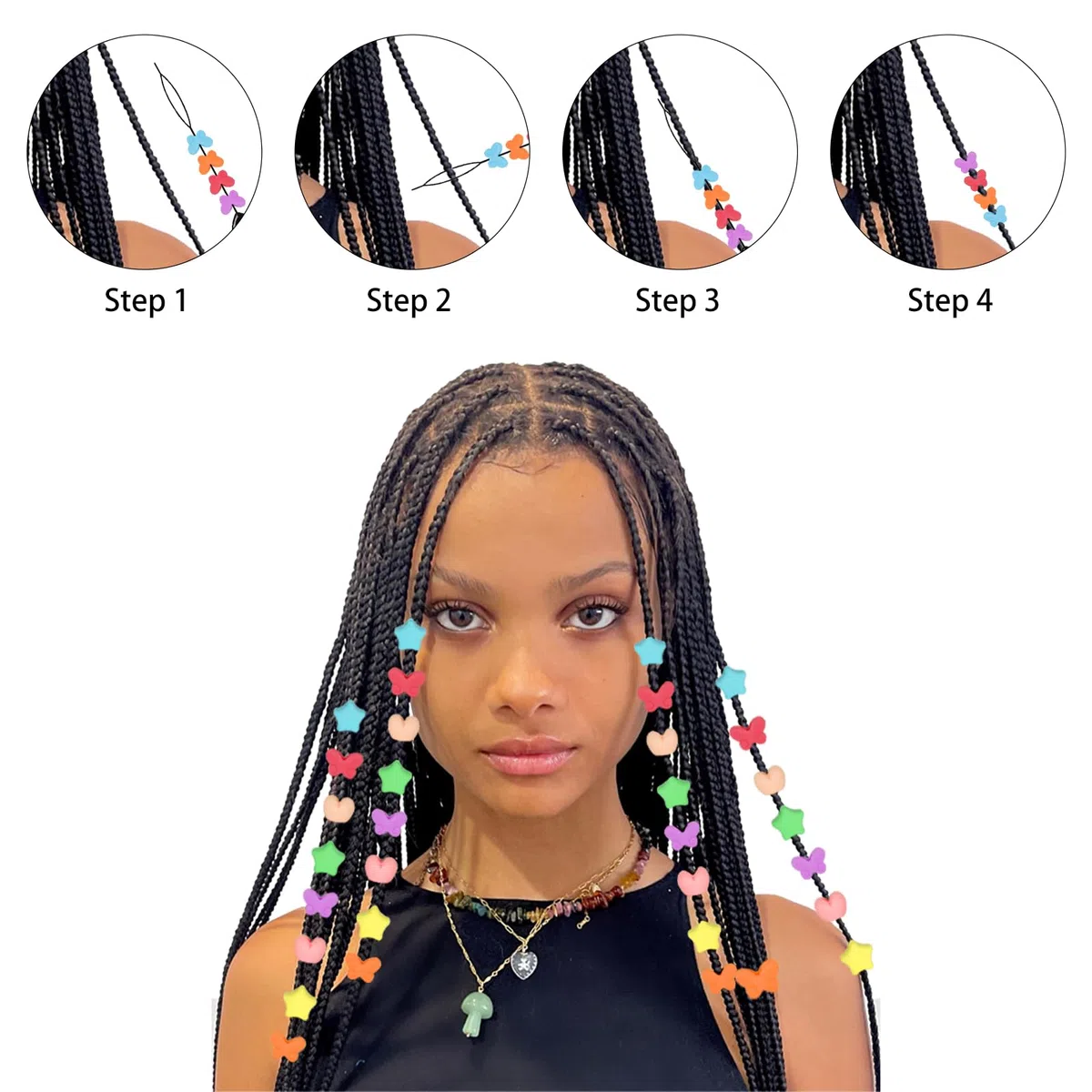 90 perline in silicone per capelli per bambine e ragazze, perline colorate in pony, accessori per capelli da donna lavabili, 10 colori, farfalle, cuori e stelle.