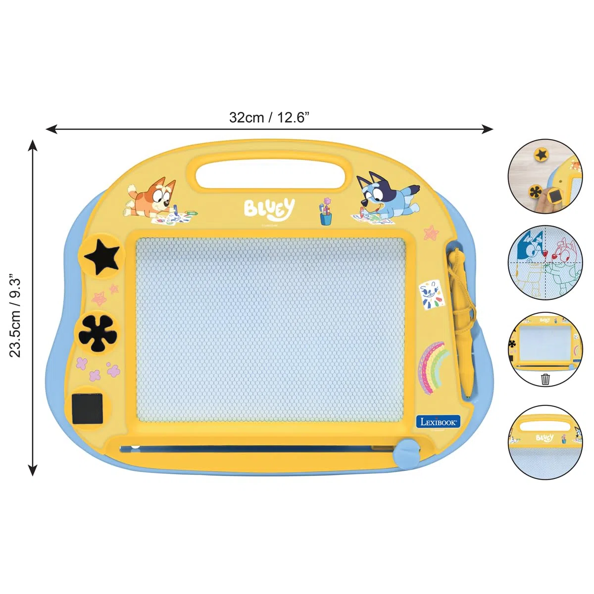 Lexibook, Bluey, Lavagna da Disegno Magnetica Multicolore, Giocattolo Artistico per Bambini con Stilo e timbri, Giallo/Blu, CRBY550LXB