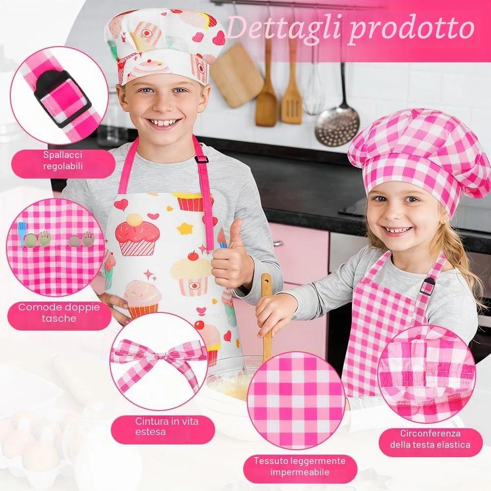DiULi Grembiule per Bambini + Cappello da Cuoco, Grembiule da Cucina Regolabile per Bambini con Tasche Grembiule da Chef per Cucinare e Cuocere la Pittura 3-13 Anni