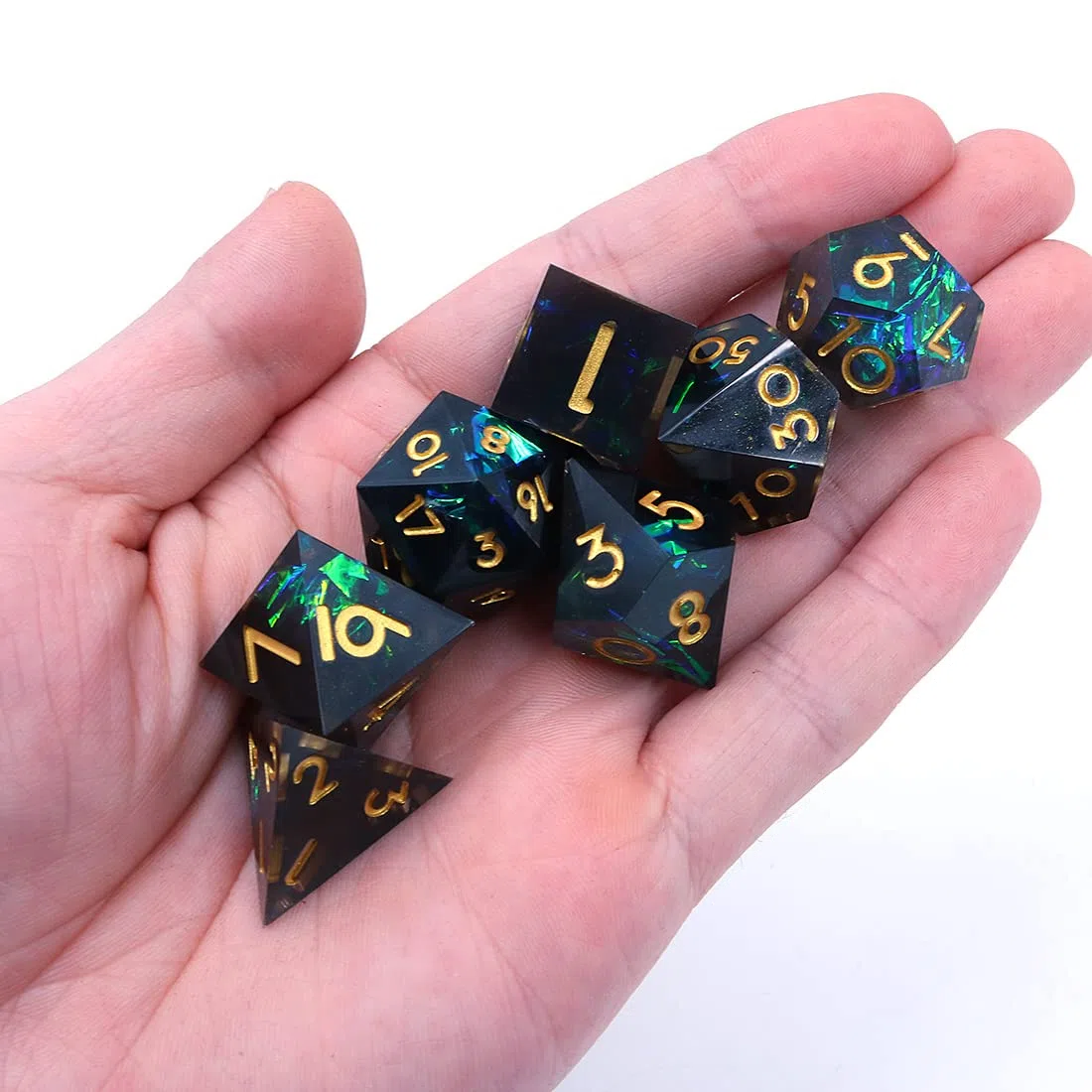 DollaTek Set di Dadi DND Trasparenti in Resina di Lusso - Poliedrici Rpg D4 D6 D8 D10 D12 D20 - Nero e Verde