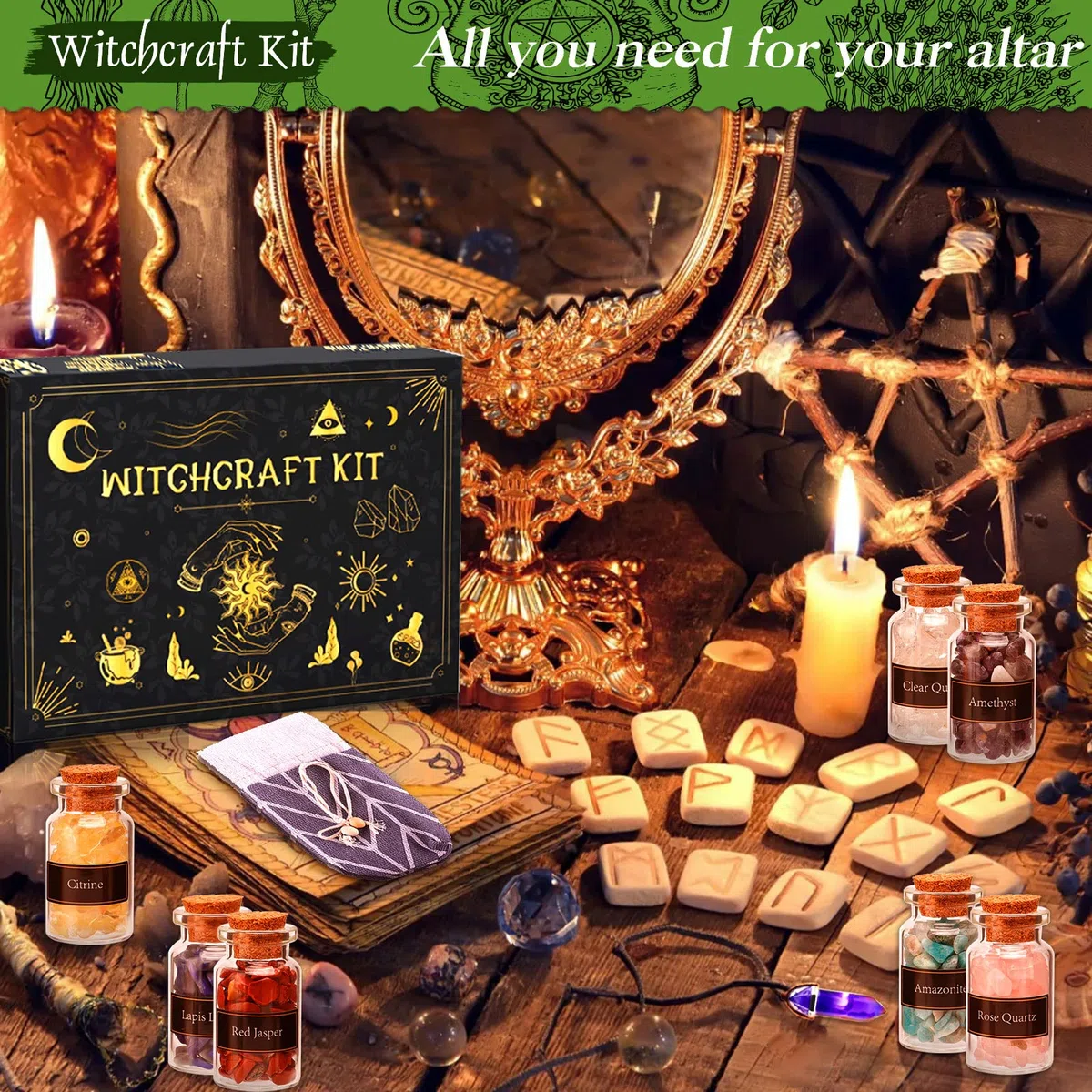 MULEVIP Oggetti Kit 52 Pezzi Forniture per Stregoneria, per la Preghiera, Bottiglia dei Desideri di Cristallo, Fiori secchi, Materiali Medicinali, ,Incantesimi, Magia