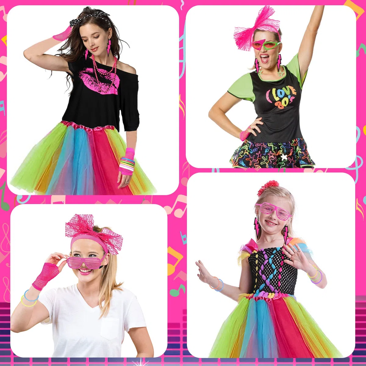 Set Accessori Costume Anni '80, T-Shirt Tutu Fascia per Capelli Collana Orecchino Scaldamuscoli Occhiali guanti a rete per feste retrò anni '80 feste in costume