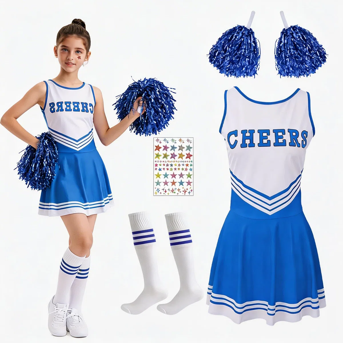 Cheerleader Costume Bambina, Vestito Cheerleader Bambina Ragazza Divise Abito, Bambini Cheerleading Outfit con Pompon Calcetines y 2 Adesivi, Carnevale Halloween Cosplay